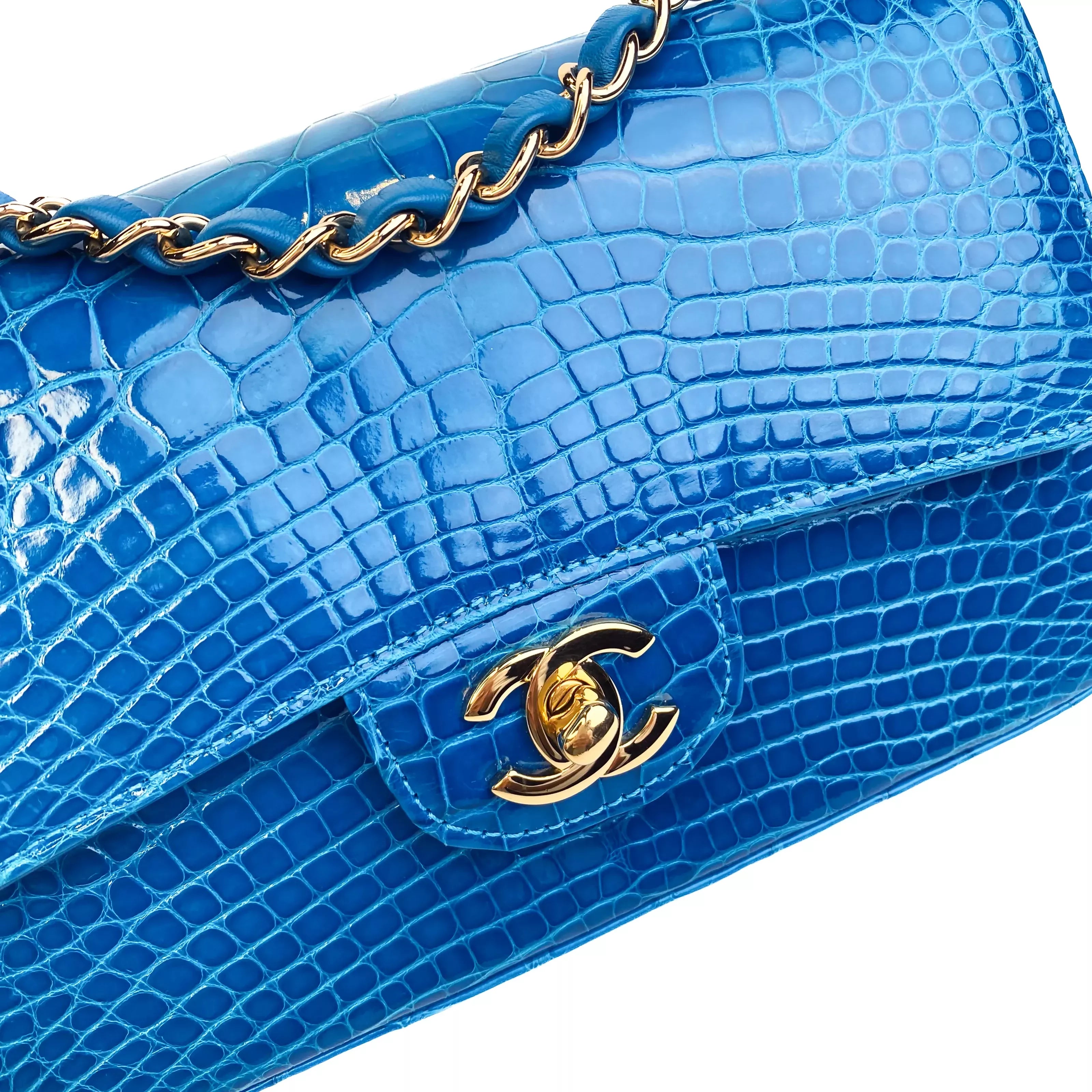 CHANEL Lagoon Blue Shiny Alligator Classic Mini Flap Bag with Gold Hardware Detail