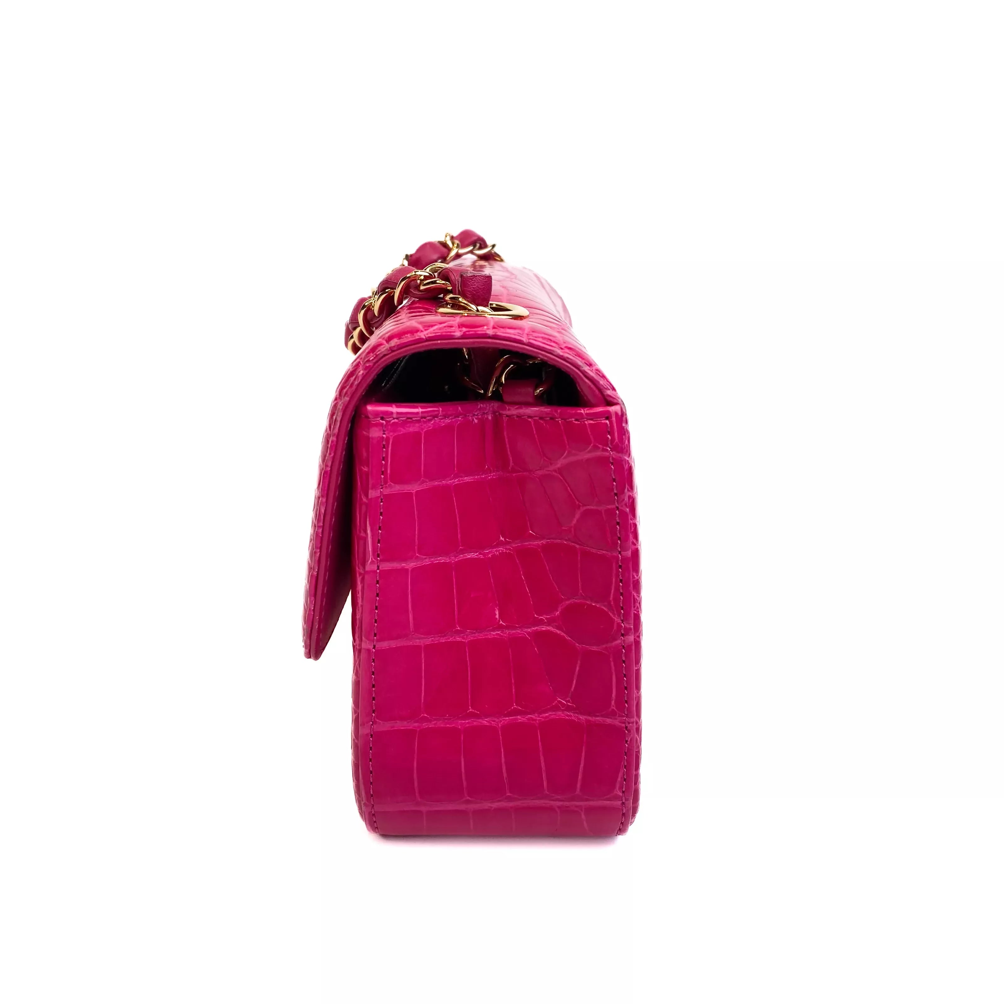 Chanel Classic Mini Flap Bag Shiny Alligator in Fuchsia Rose with Gold Hardware Right Side