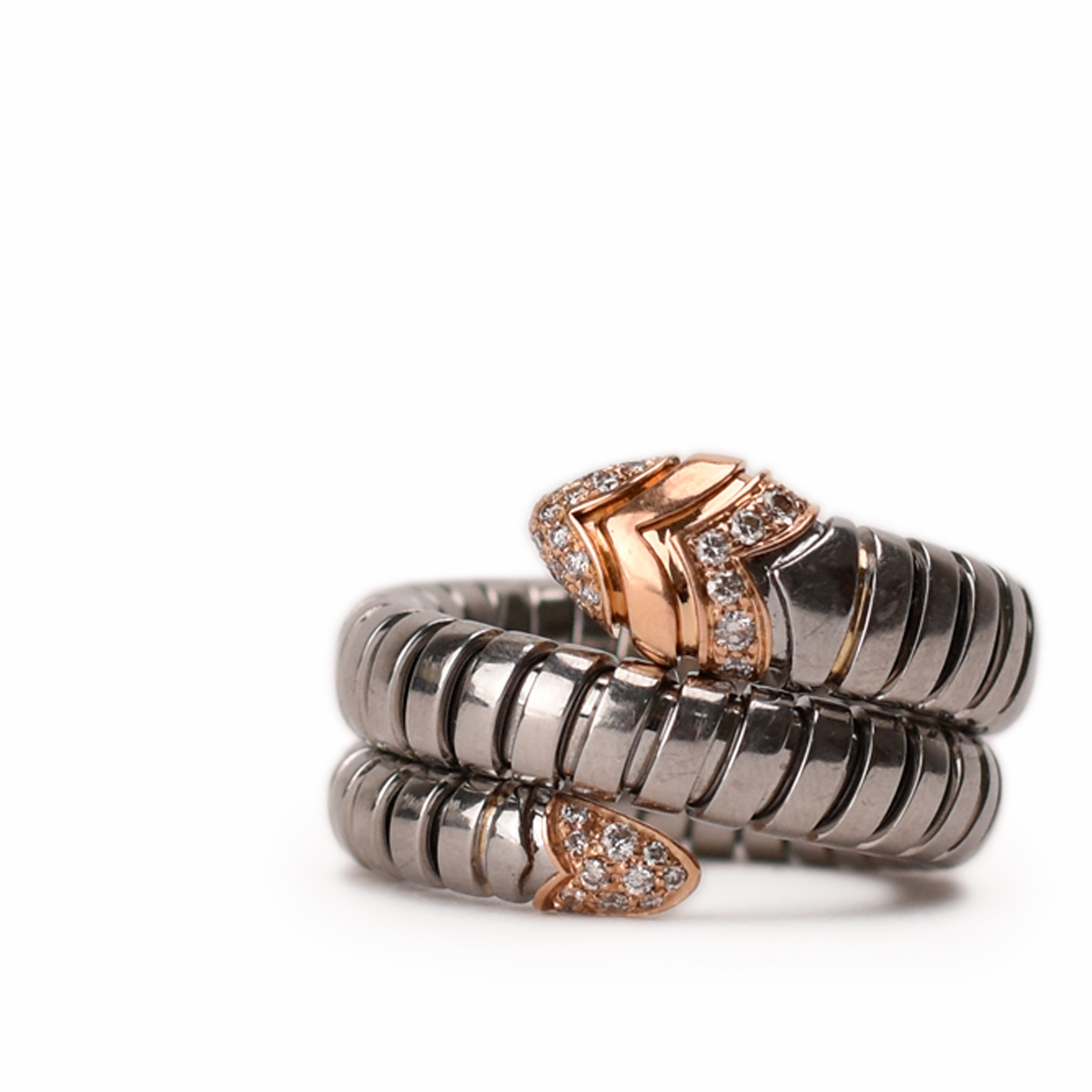 Bulgari Serpenti Tubogas Ring in Steel, Rose Gold and Diamonds