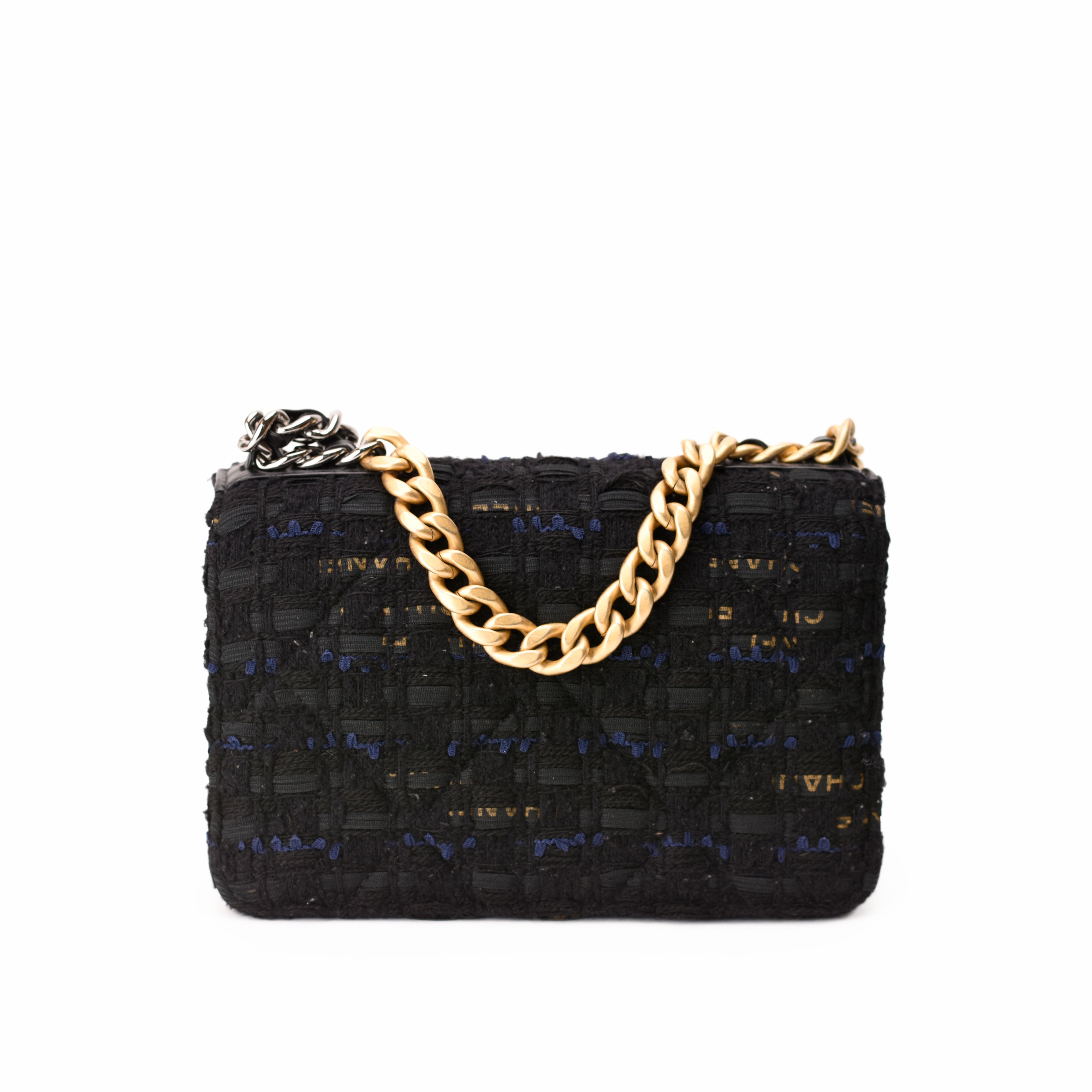 Chanel Tweed Quilted 19 WOC Black Navy Gold