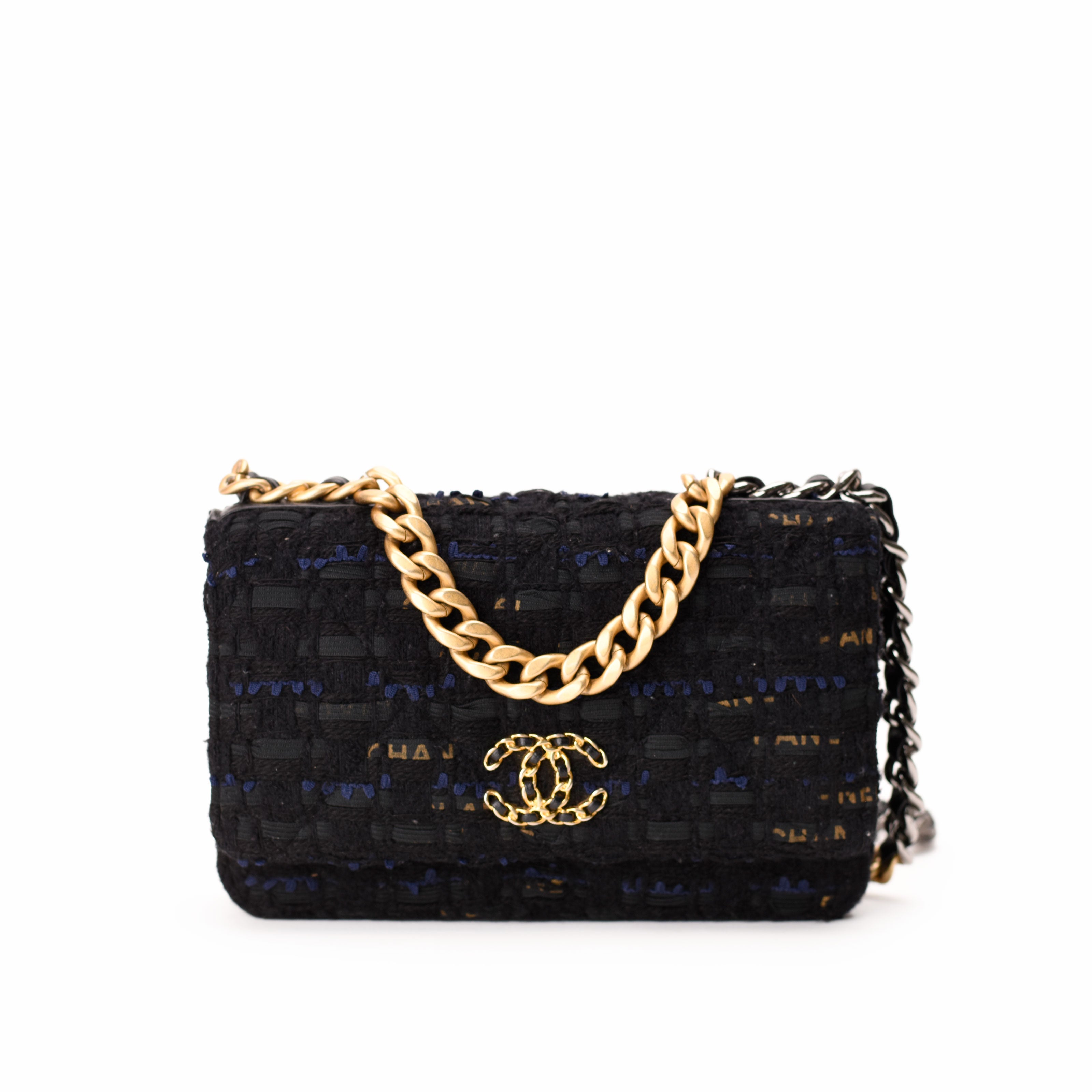 Chanel Tweed Quilted 19 WOC Black Navy Gold