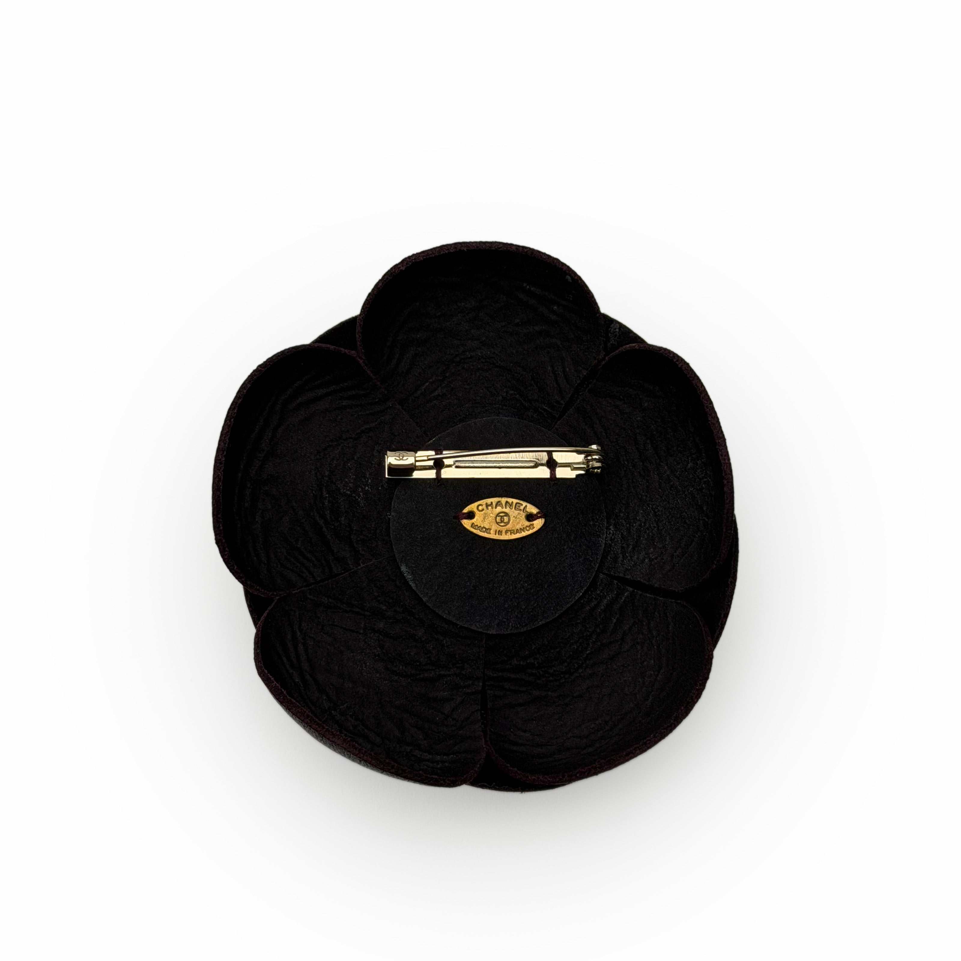Chanel Camelia Leather Plum Brooch