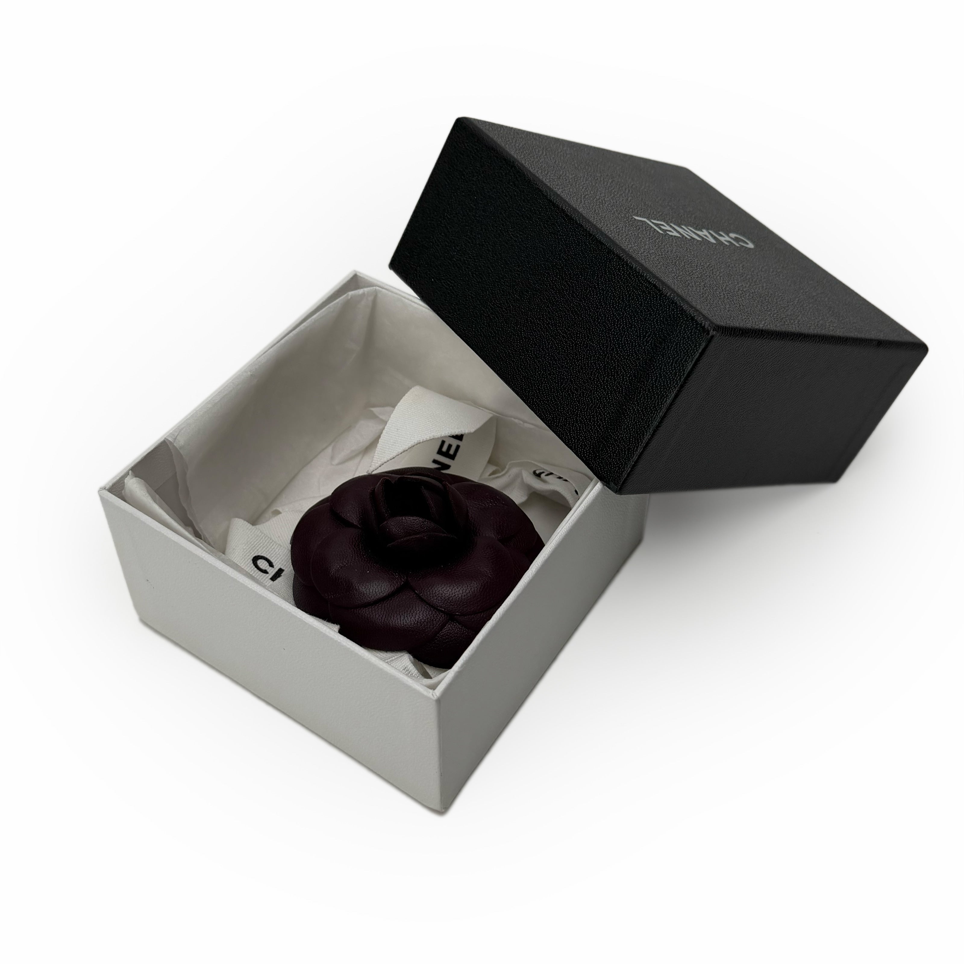 Chanel Camelia Leather Plum Brooch