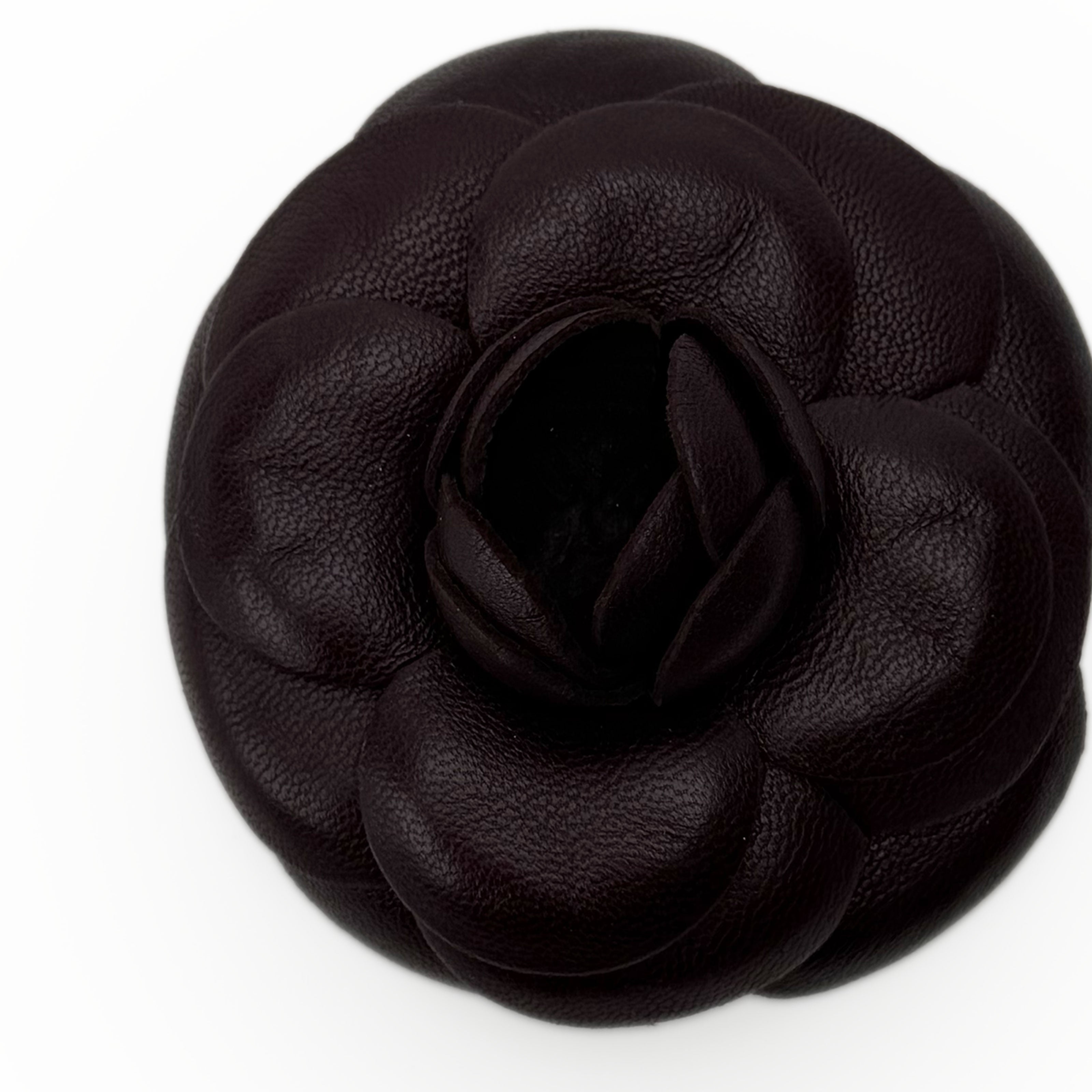 Chanel Camelia Leather Plum Brooch