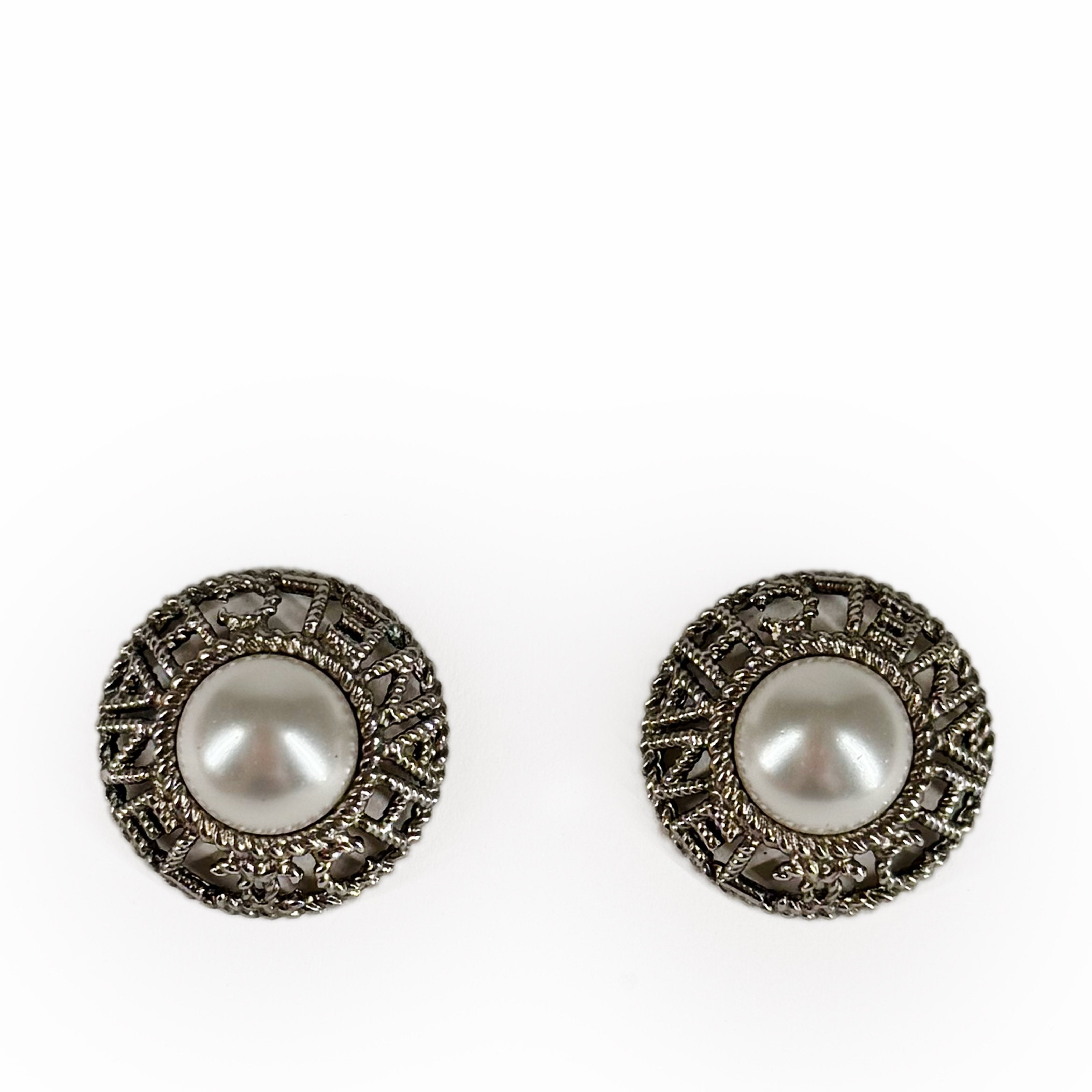 Chanel Pearl Brushed Rutheneum Round Earrings