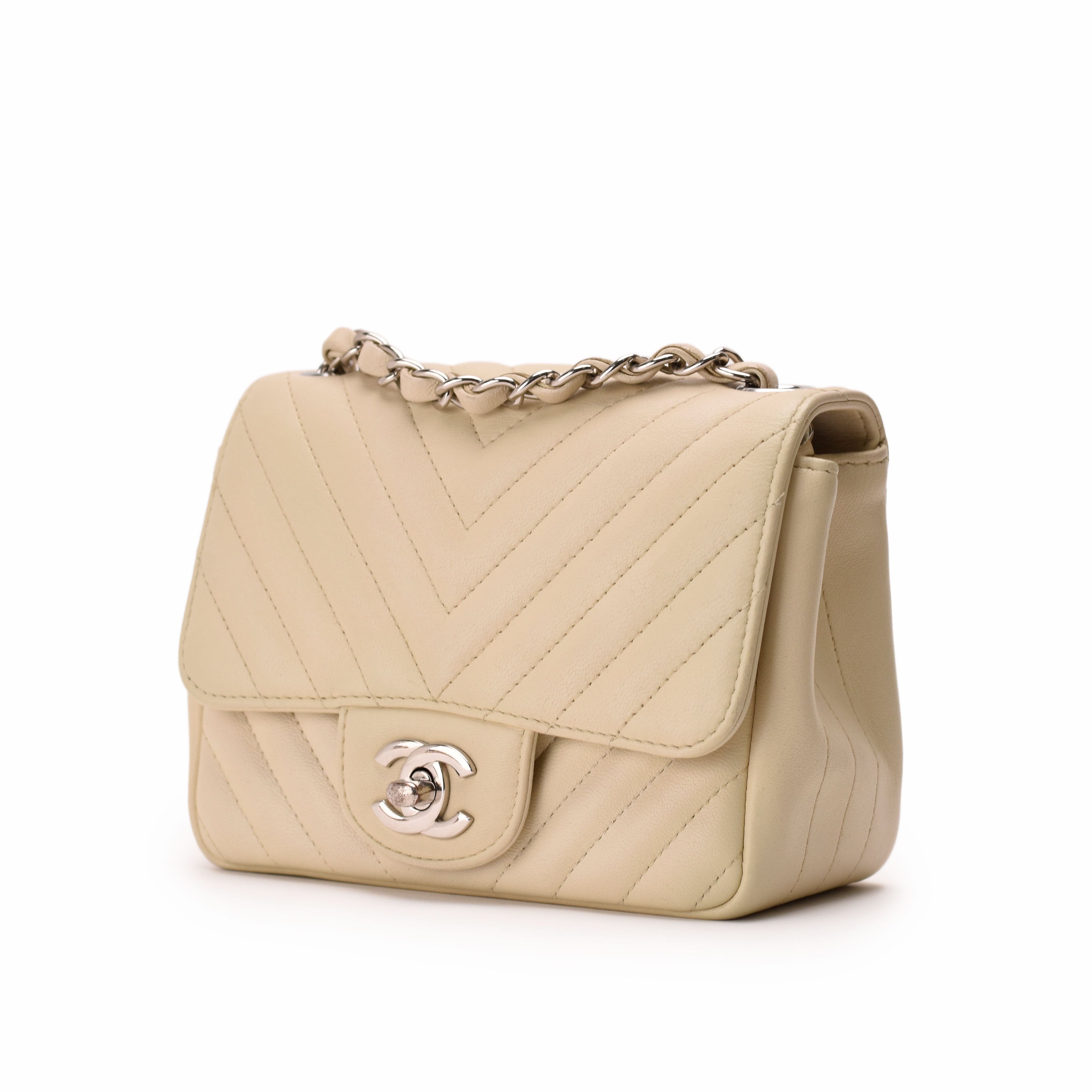 Chanel Mini Square Chevron Ivory Lambskin SHW