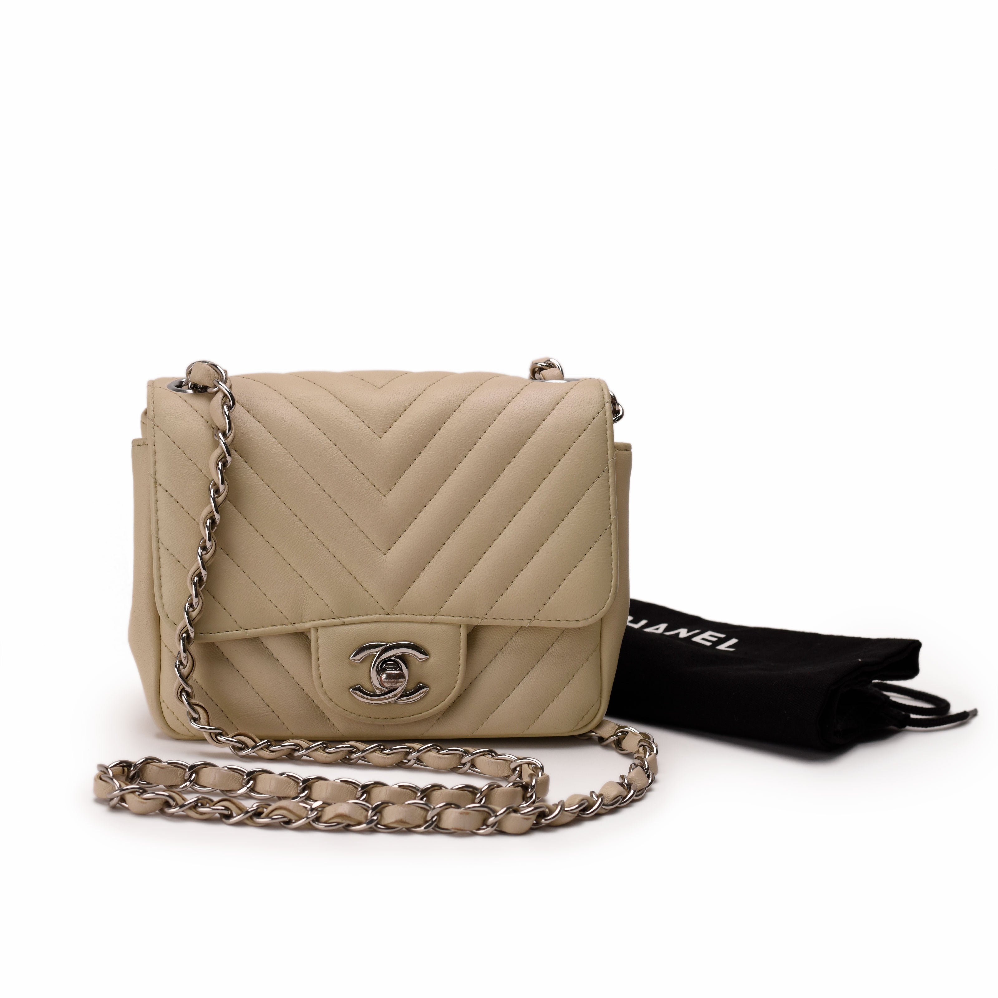 Chanel Mini Square Chevron Ivory Lambskin SHW