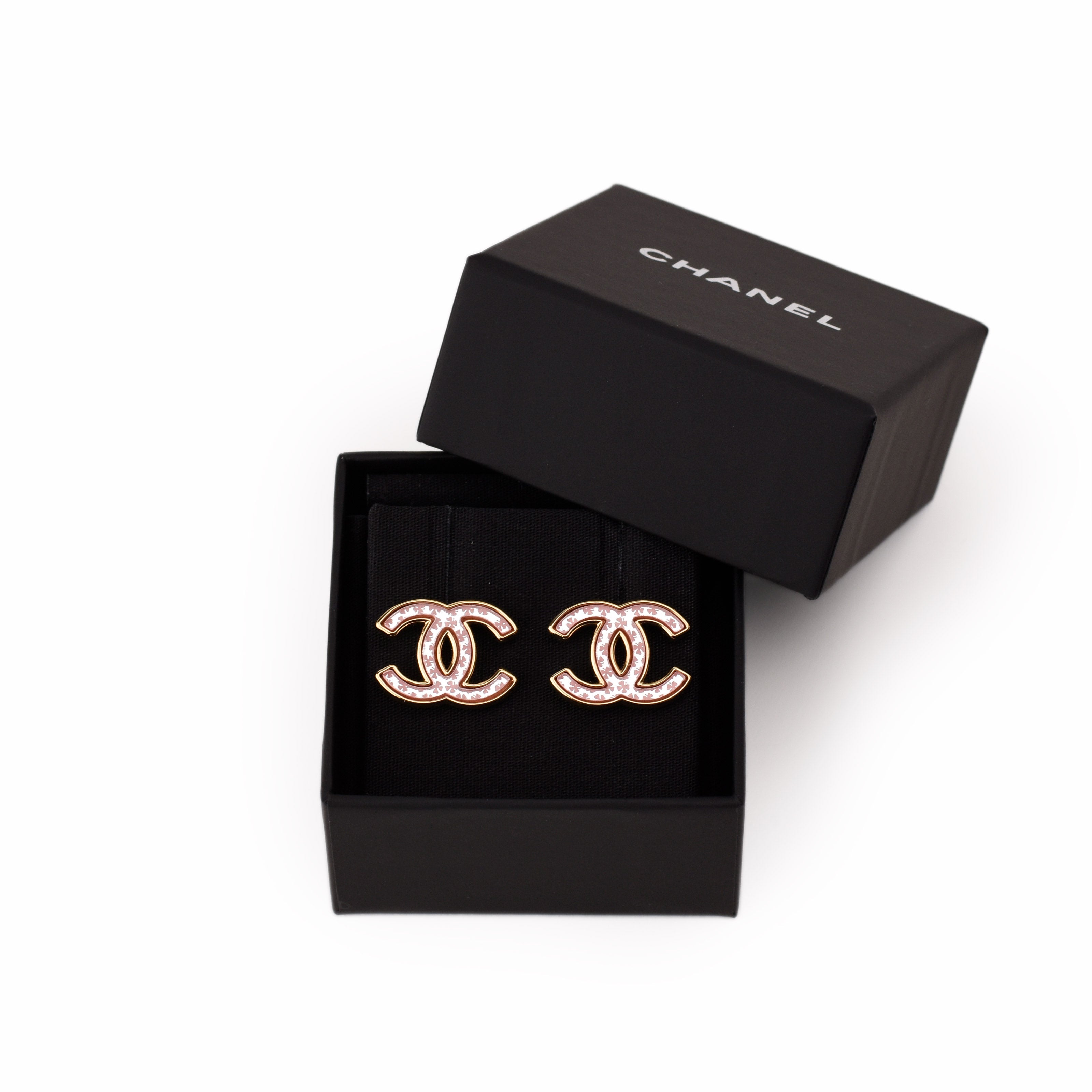 Chanel CC Metal Mirror Clover Earrings Gold Pink