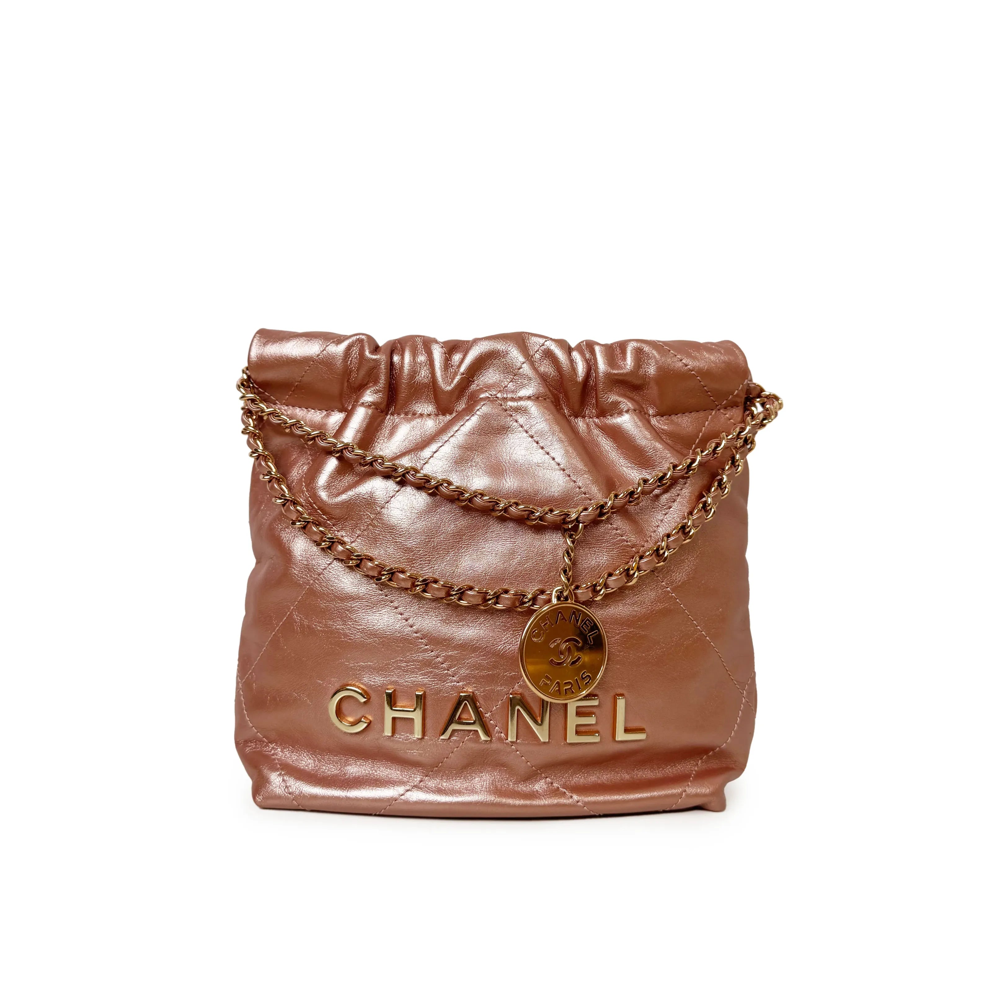 Chanel 22 Mini Metallic Pink Quilted Hobo Bag