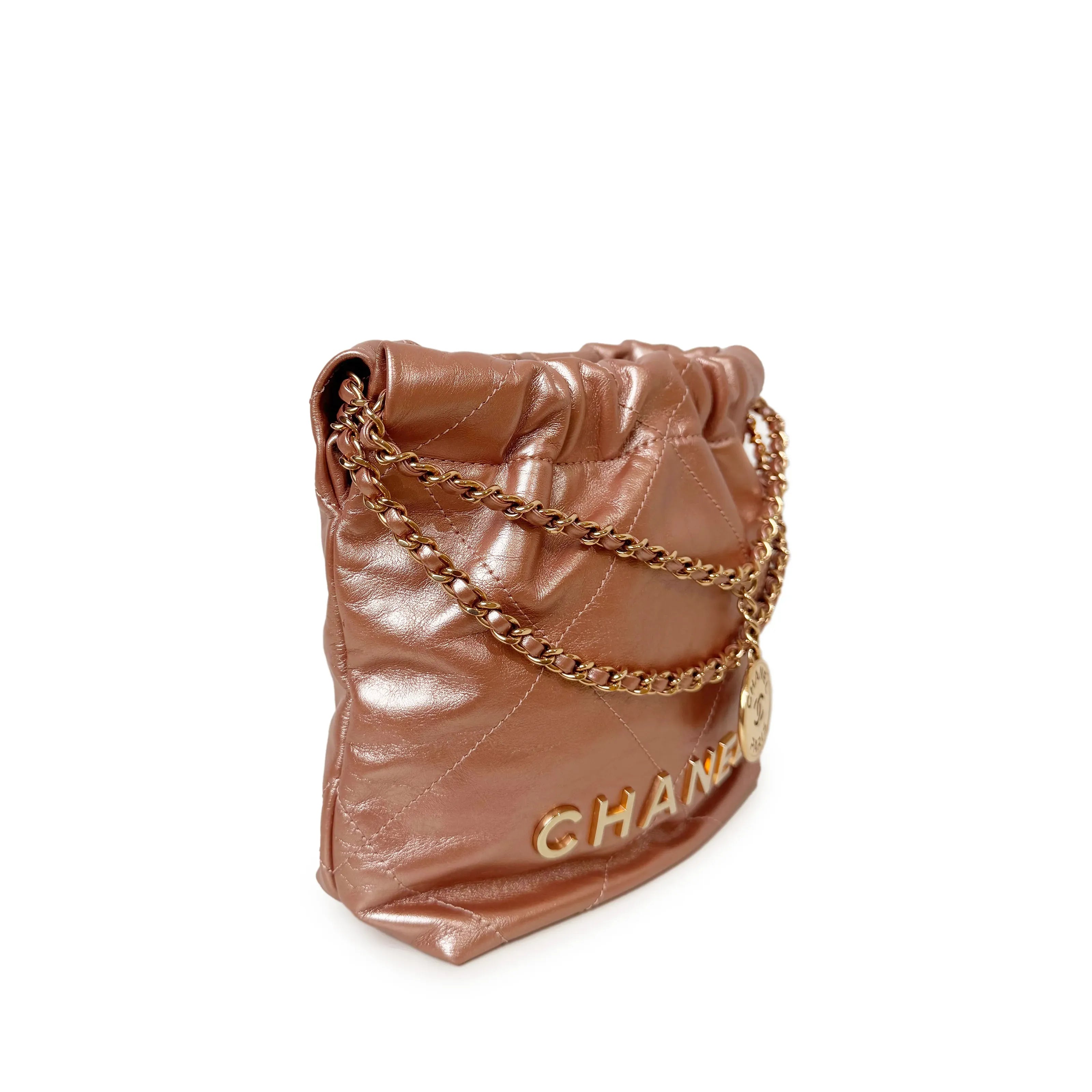 Chanel 22 Mini Metallic Pink Quilted Hobo Bag