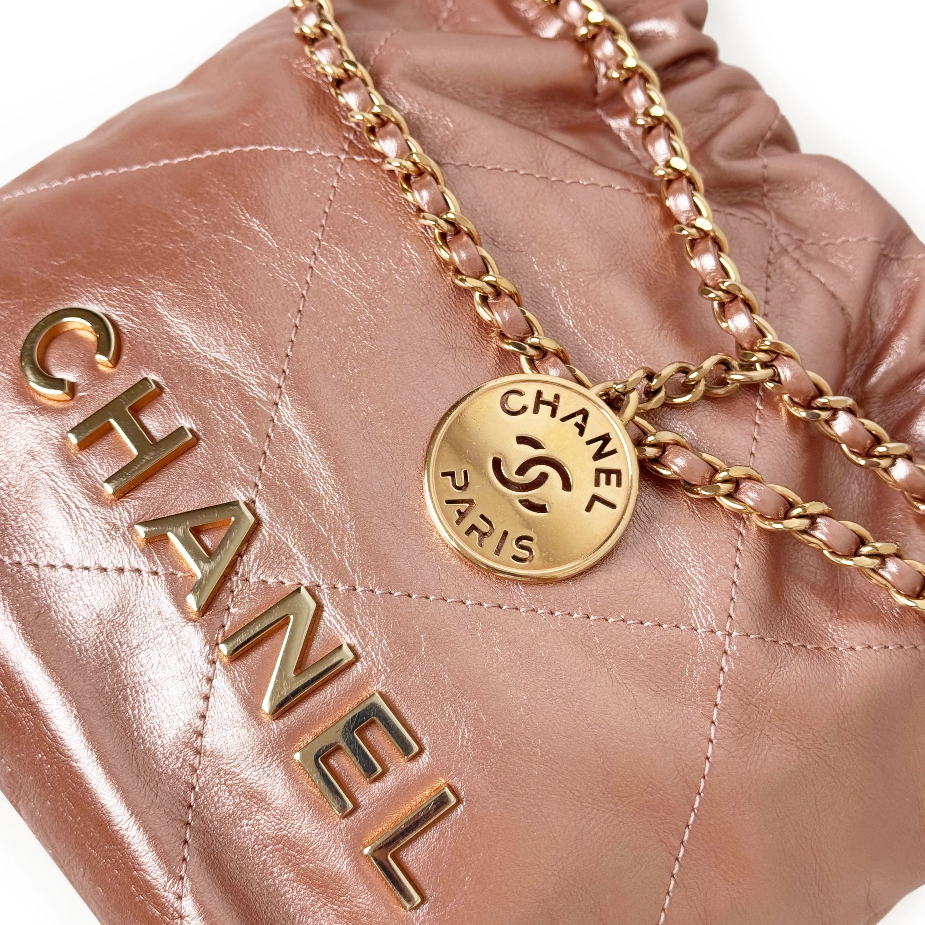 Chanel 22 Mini Metallic Pink Quilted Hobo Bag