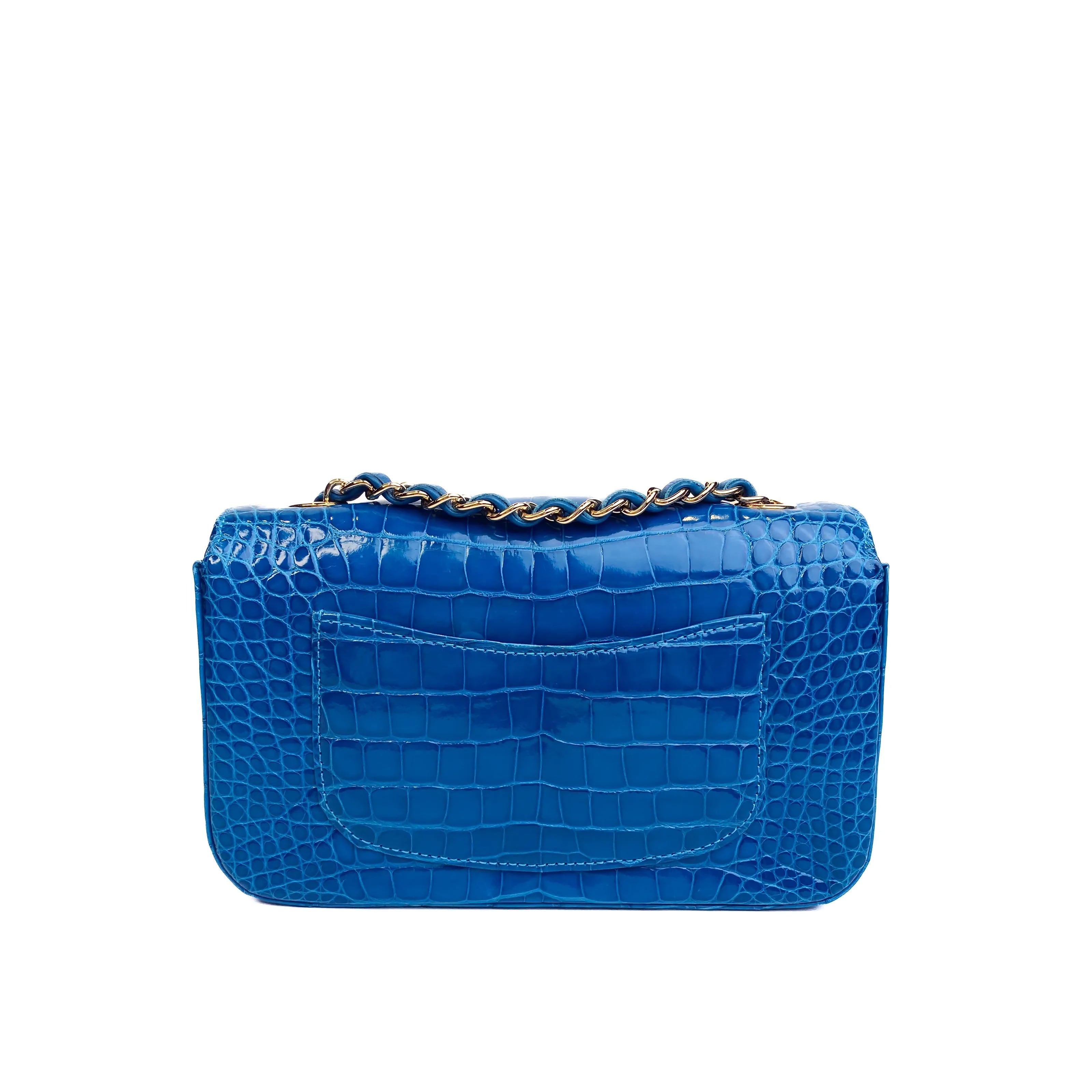CHANEL Lagoon Blue Shiny Alligator Classic Mini Flap Bag with Gold Hardware Back