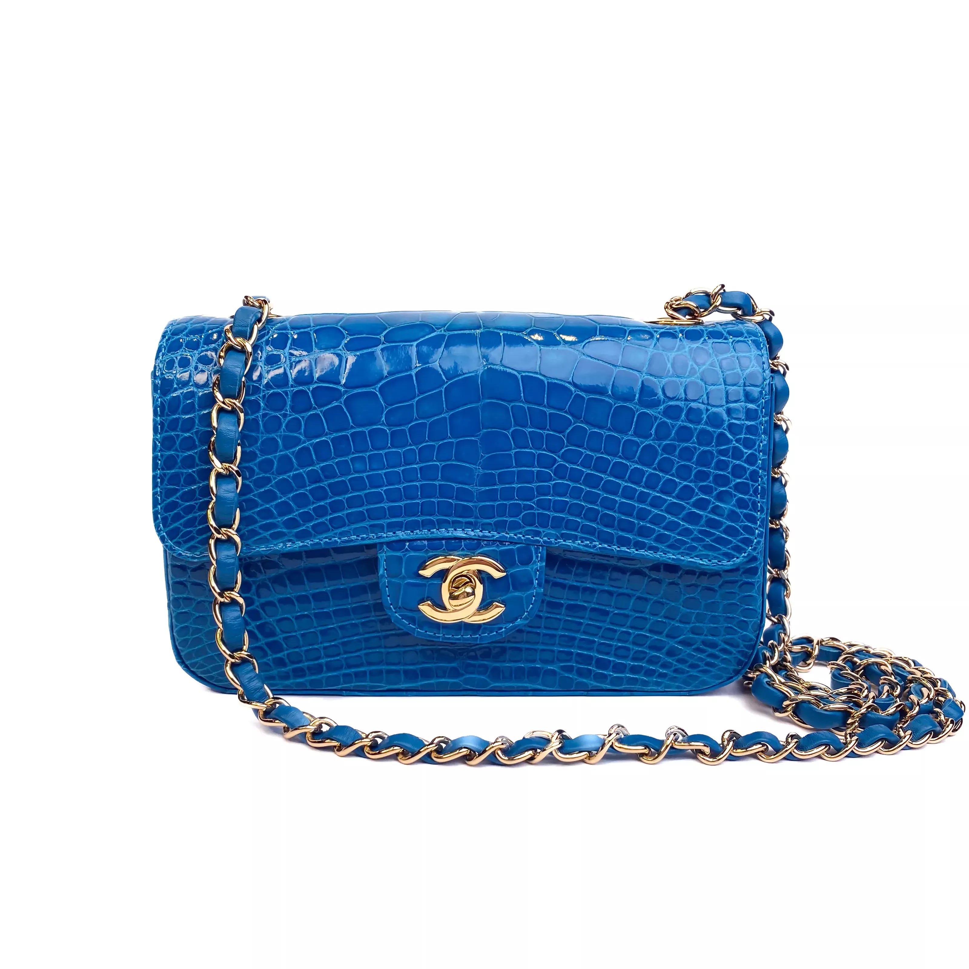 CHANEL Lagoon Blue Shiny Alligator Classic Mini Flap Bag with Gold Hardware Full