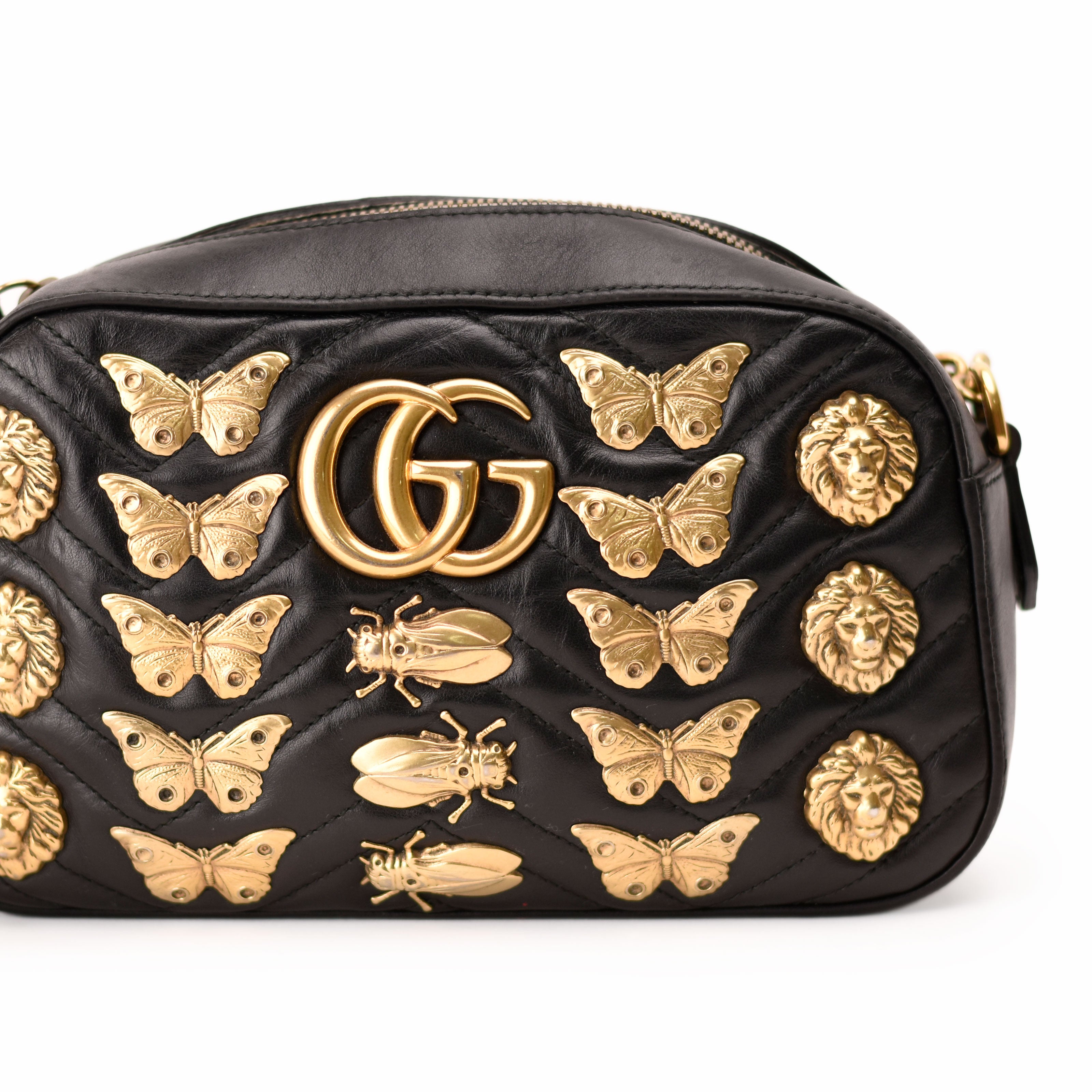 Gucc GG Marmont Animal Stud Shoulder Bag Black