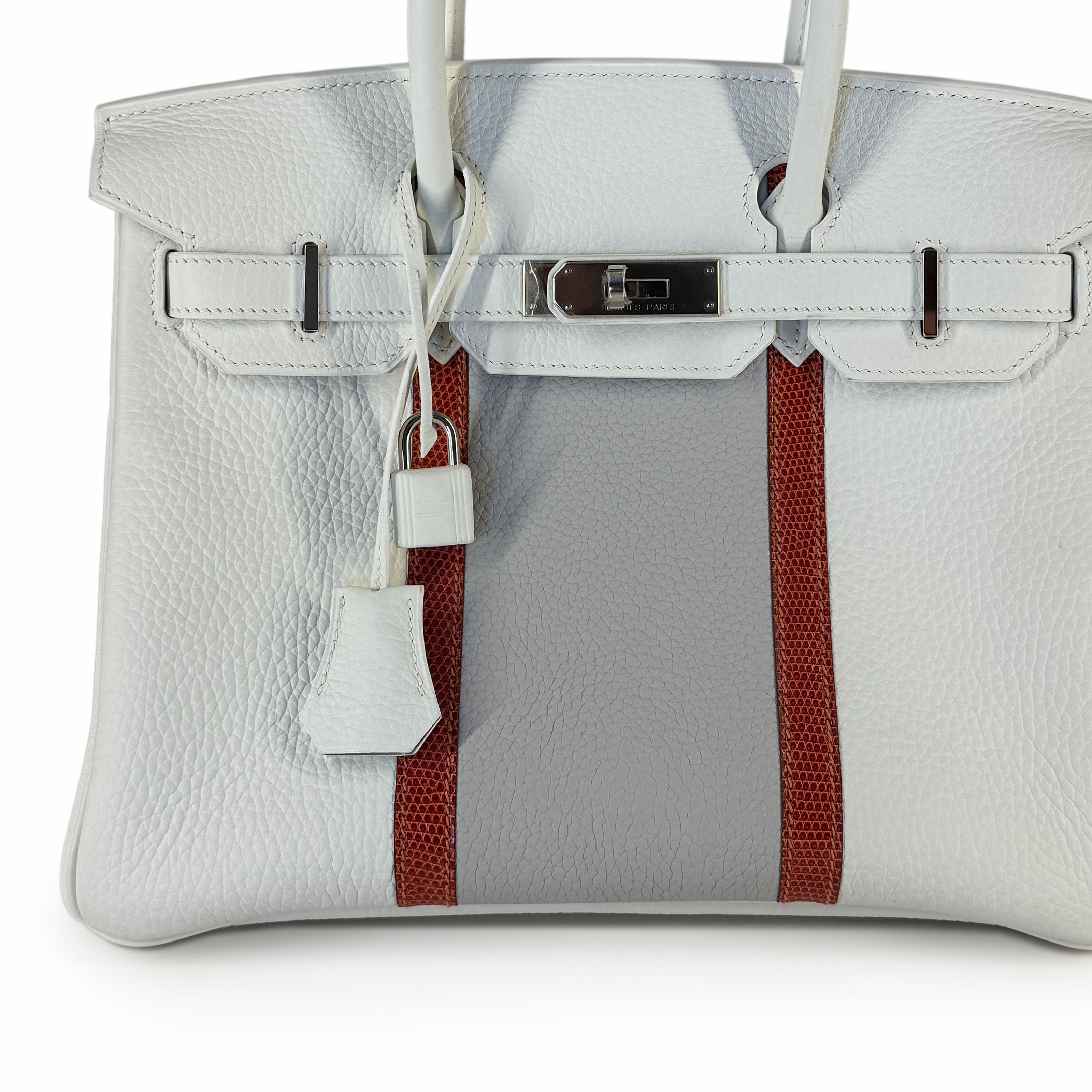 Hermès Birkin 30 Limited Edition Gris Perle, Blanc Clemence, and Sanguine Lizard Club