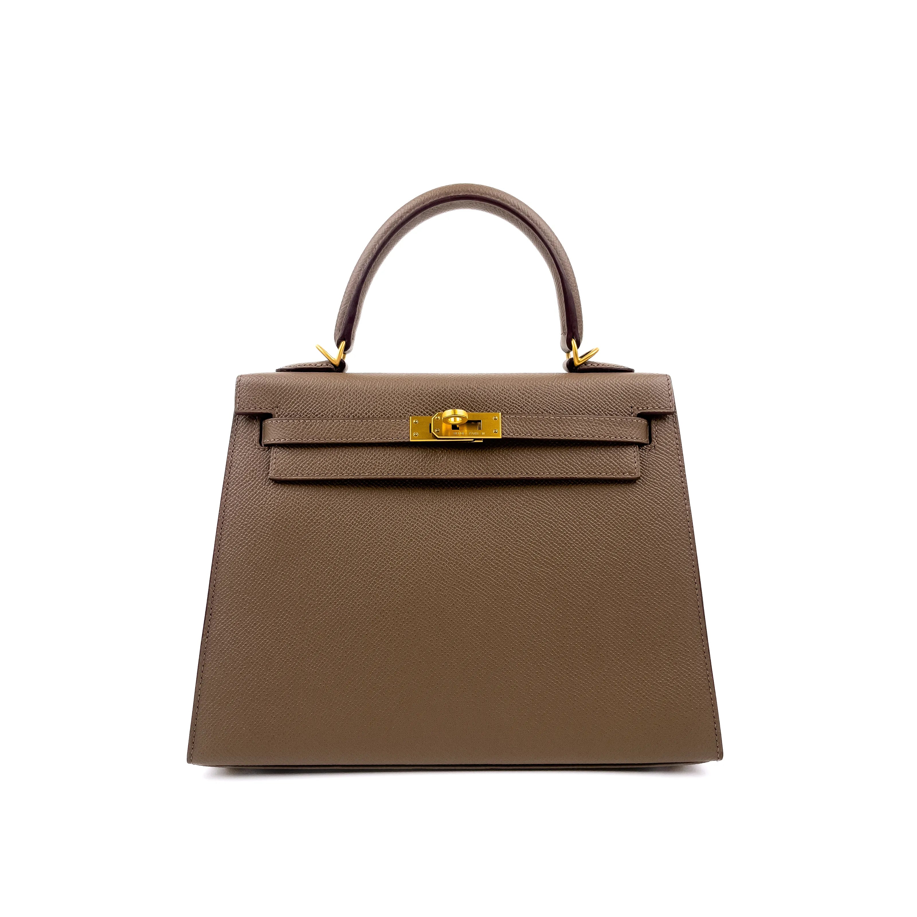 Hermès Kelly 25 Sellier Etoupe & Rouge H Bi-Colour with Brushed Gold Hardware