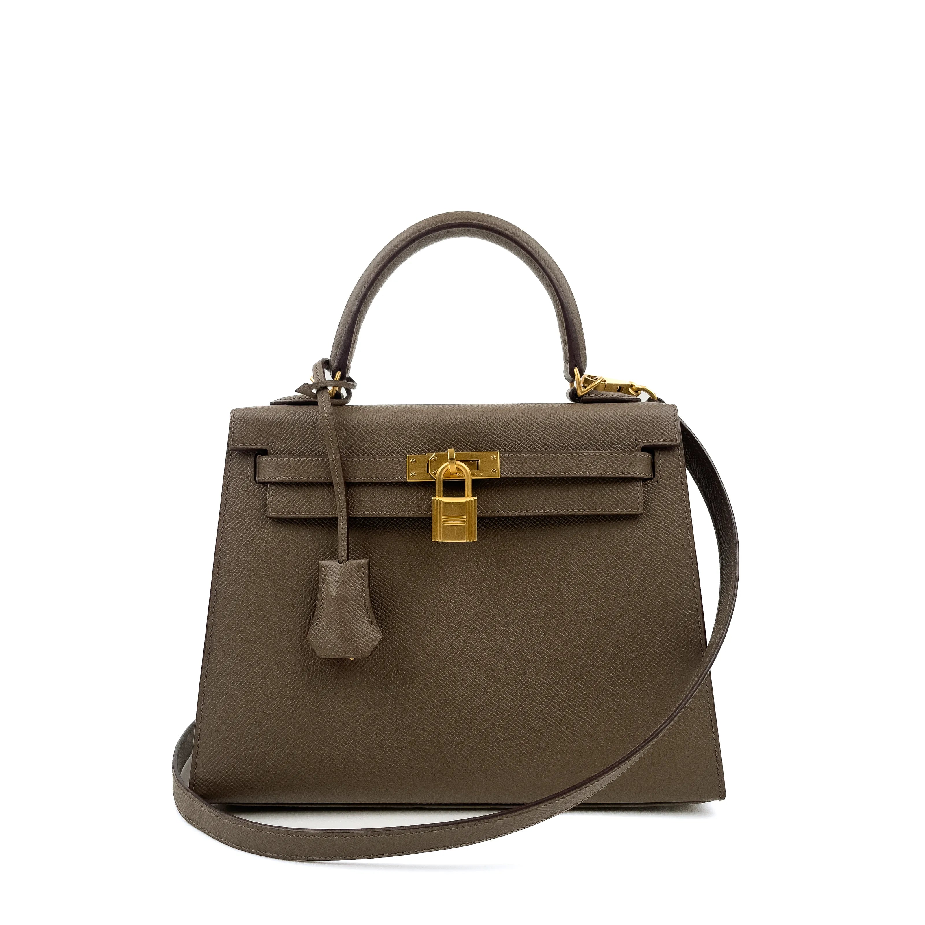 Hermès Kelly 25 Sellier Etoupe & Rouge H Bi-Colour with Brushed Gold Hardware