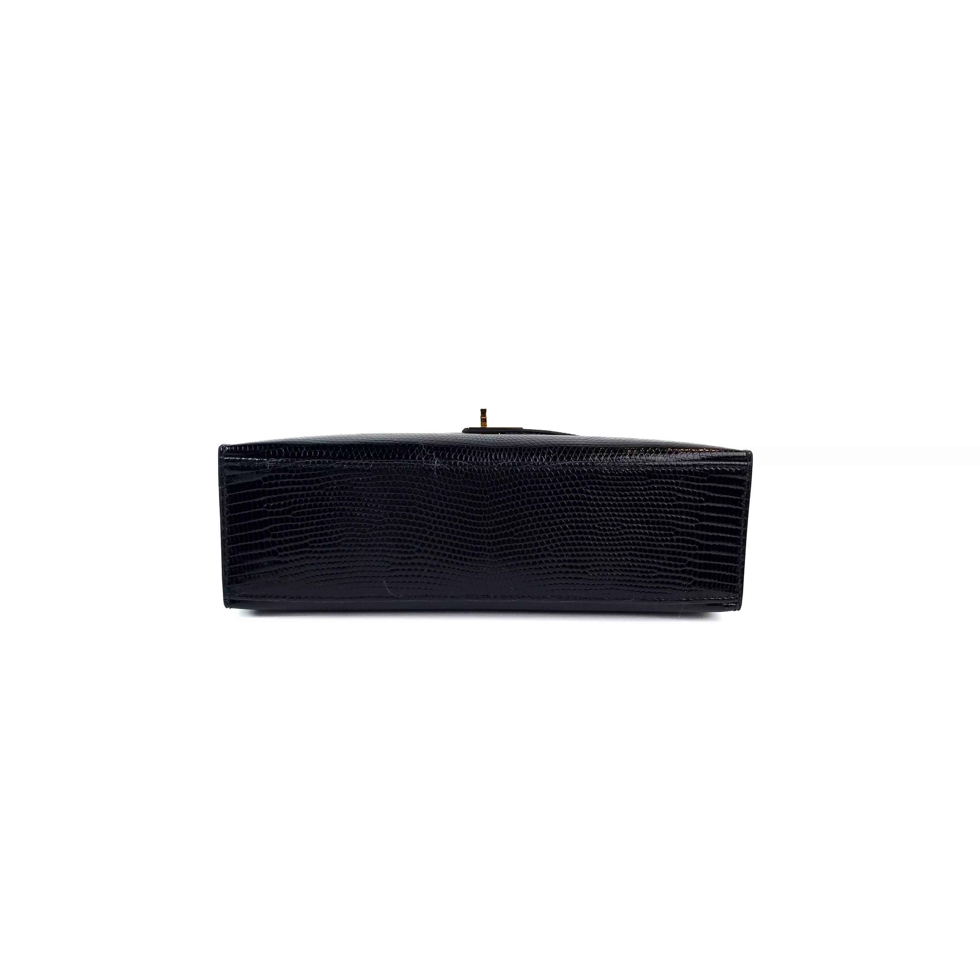 Hermes Mini Kelly Pochette In Black Shiny Lizard Gold Hardware Bottom