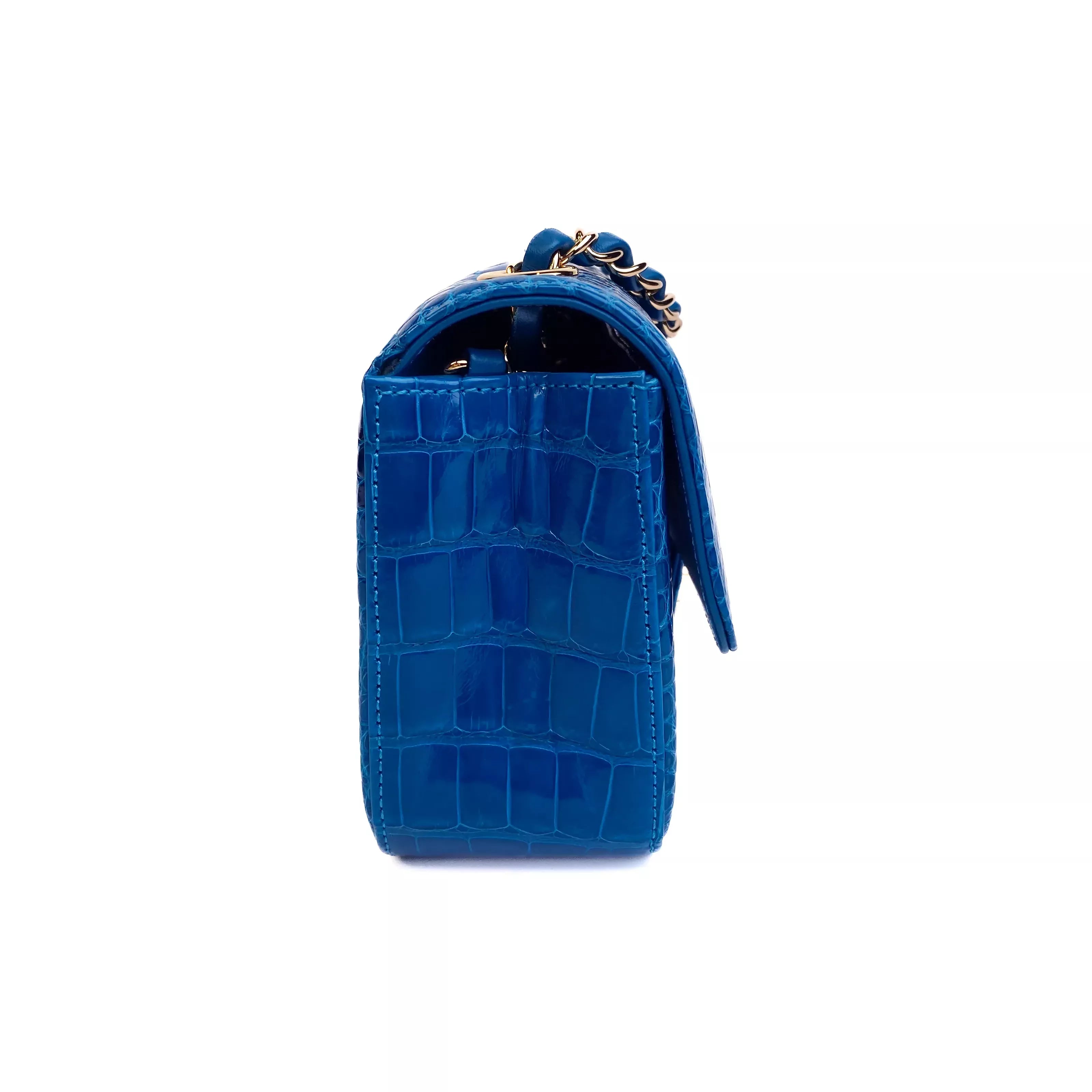 CHANEL Lagoon Blue Shiny Alligator Classic Mini Flap Bag with Gold Hardware Right Side