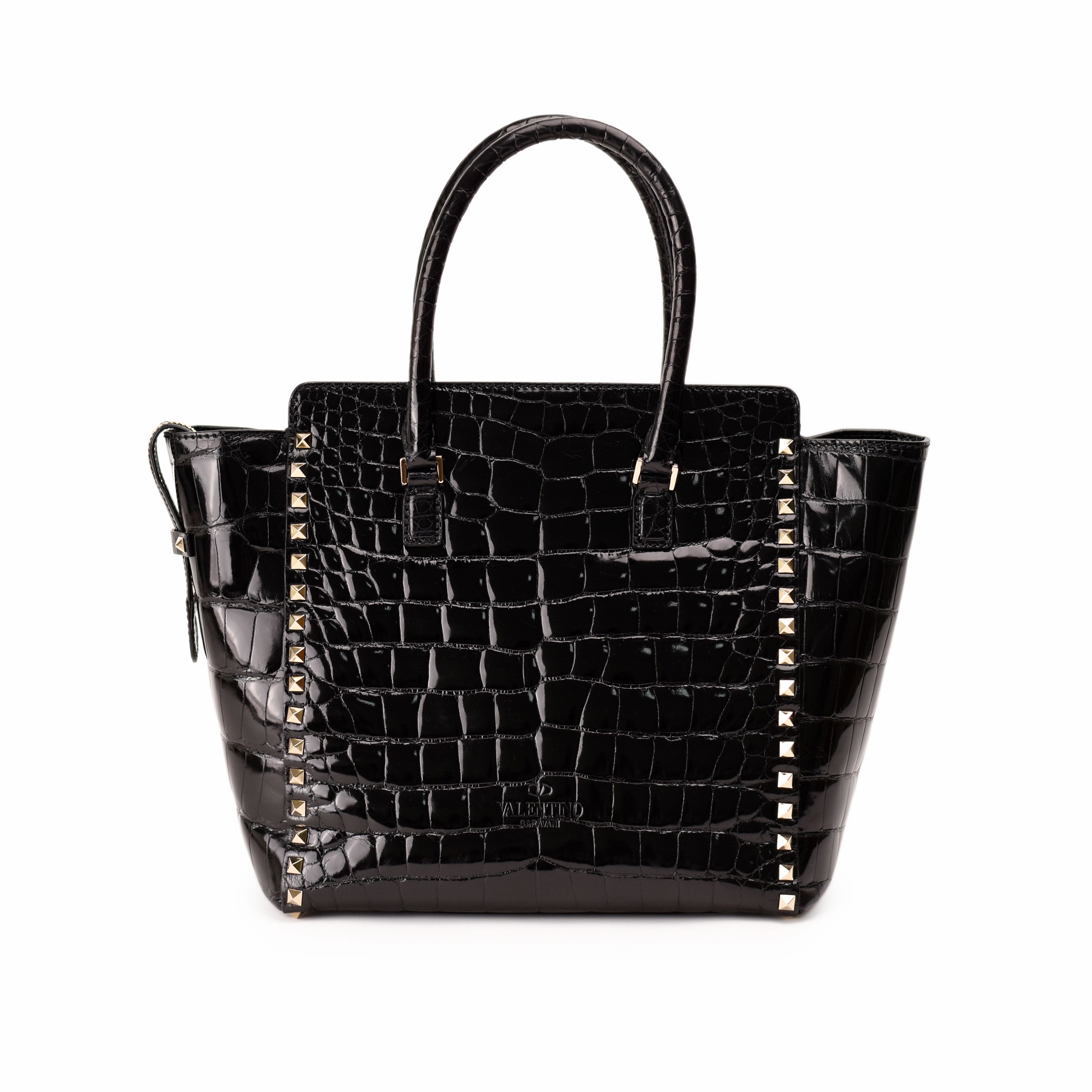 Valentino Garavani Rockstud Black Shiny Crocodile Double Handle Tote Bag