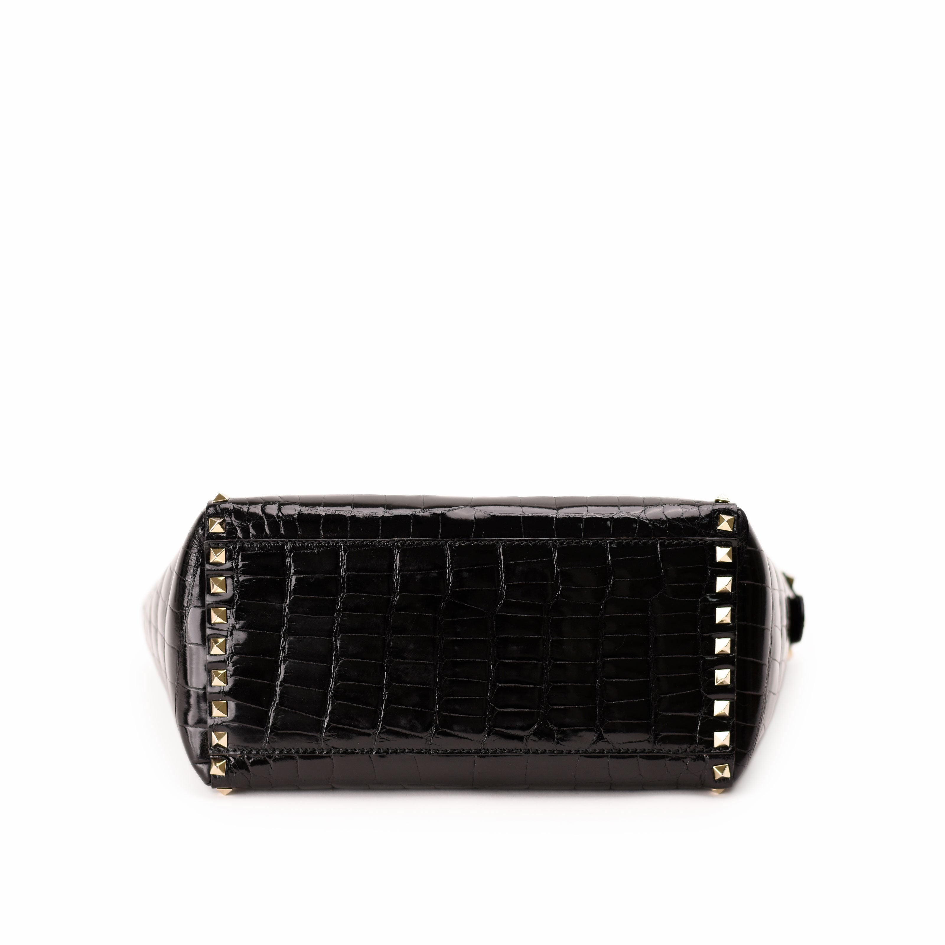 Valentino Garavani Rockstud Black Shiny Crocodile Double Handle Tote Bag