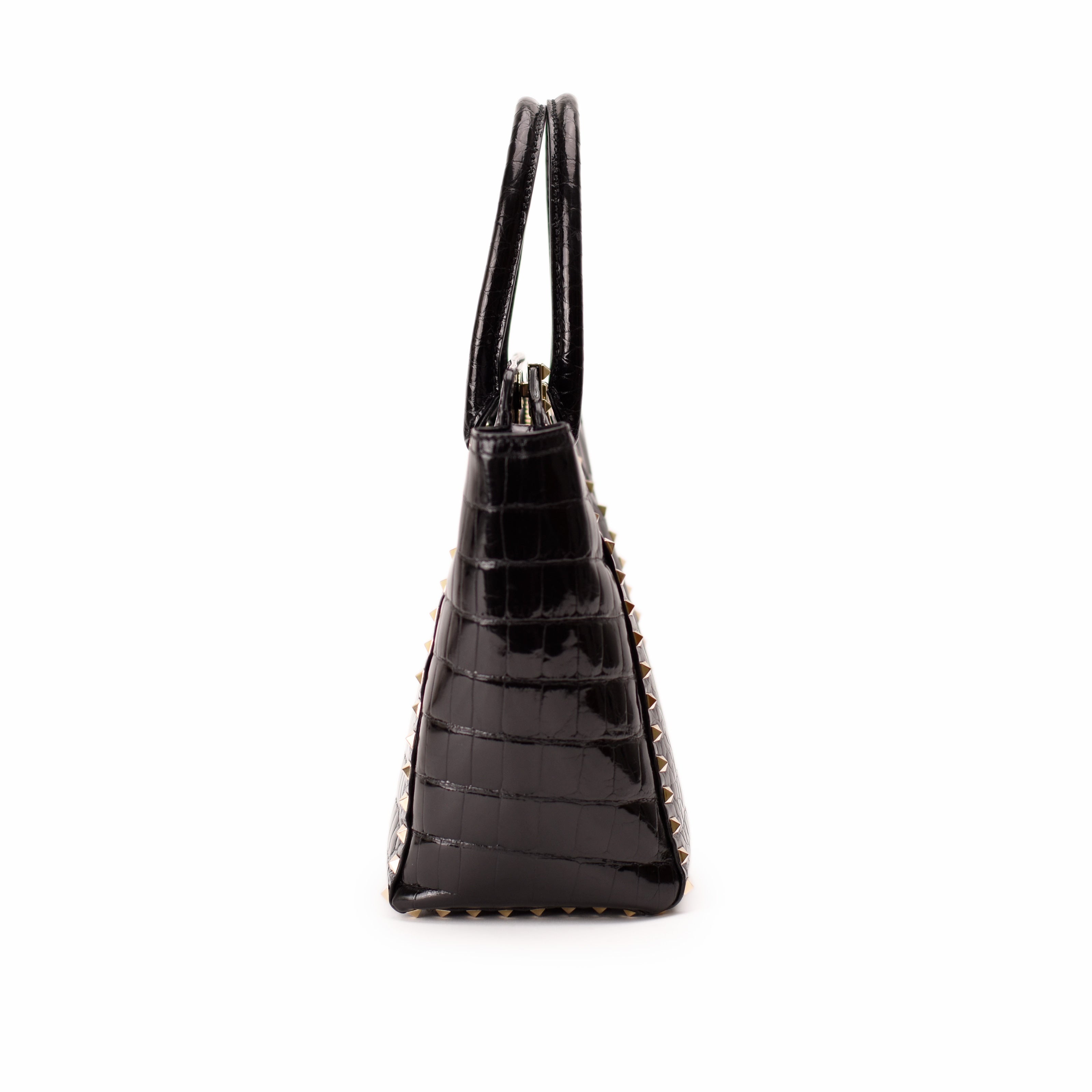 Valentino Garavani Rockstud Black Shiny Crocodile Double Handle Tote Bag