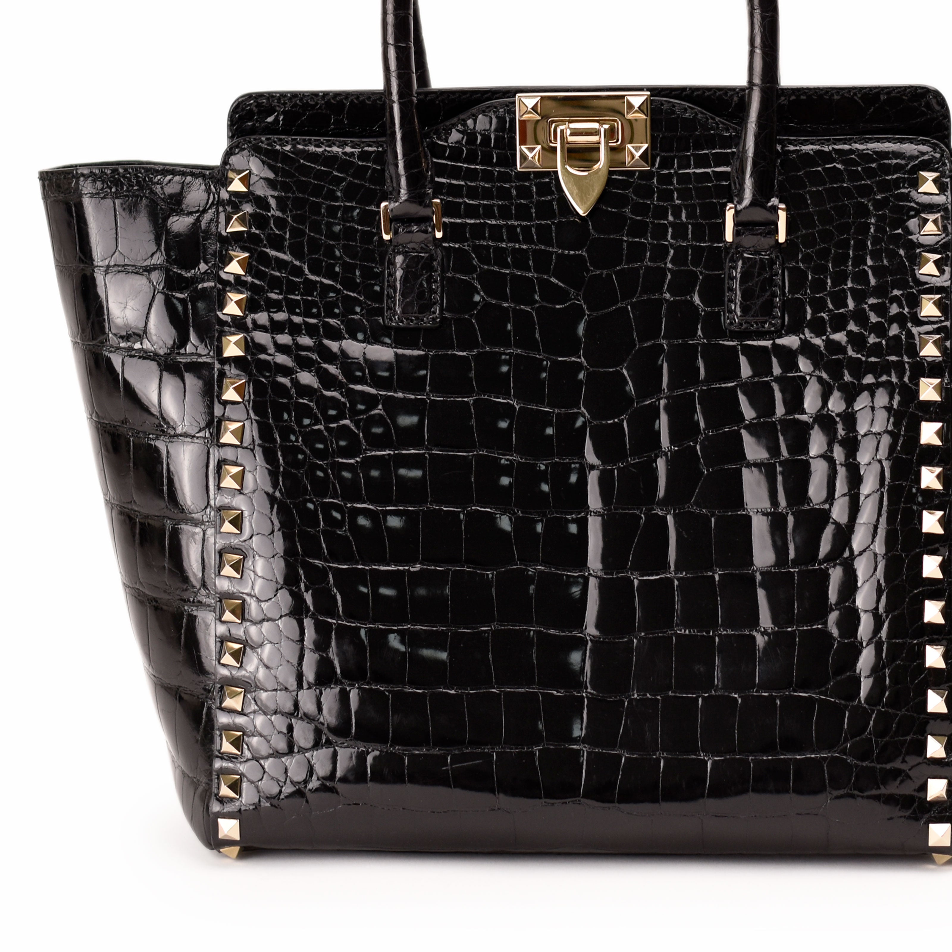 Valentino Garavani Rockstud Black Shiny Crocodile Double Handle Tote Bag