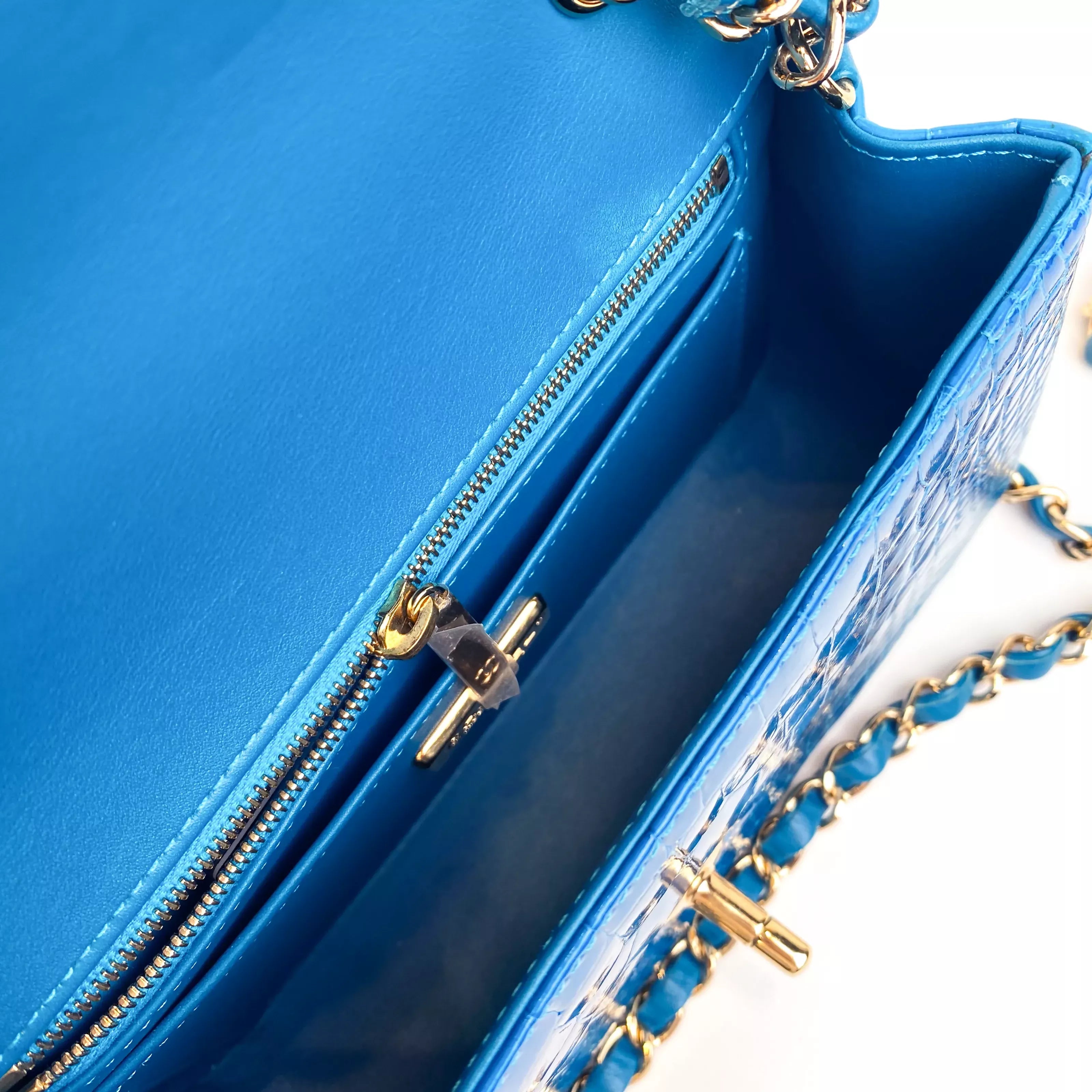 CHANEL Lagoon Blue Shiny Alligator Classic Mini Flap Bag with Gold Hardware Inside