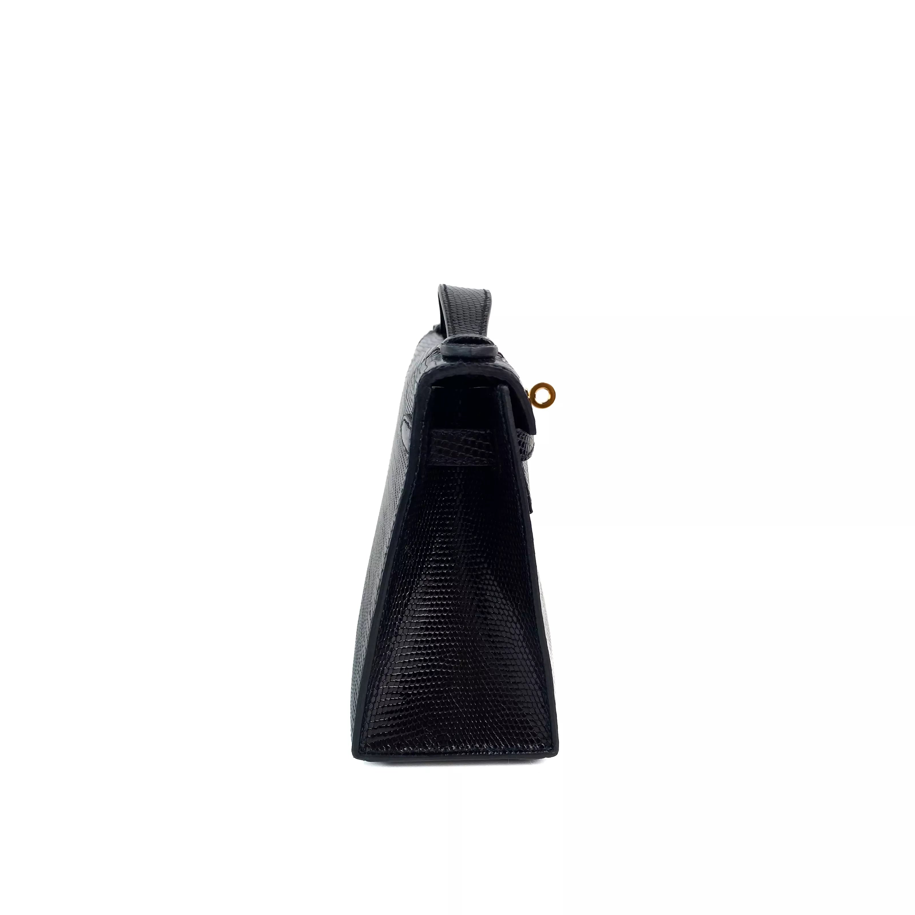 Hermes Mini Kelly Pochette In Black Shiny Lizard Gold Hardware Left Side