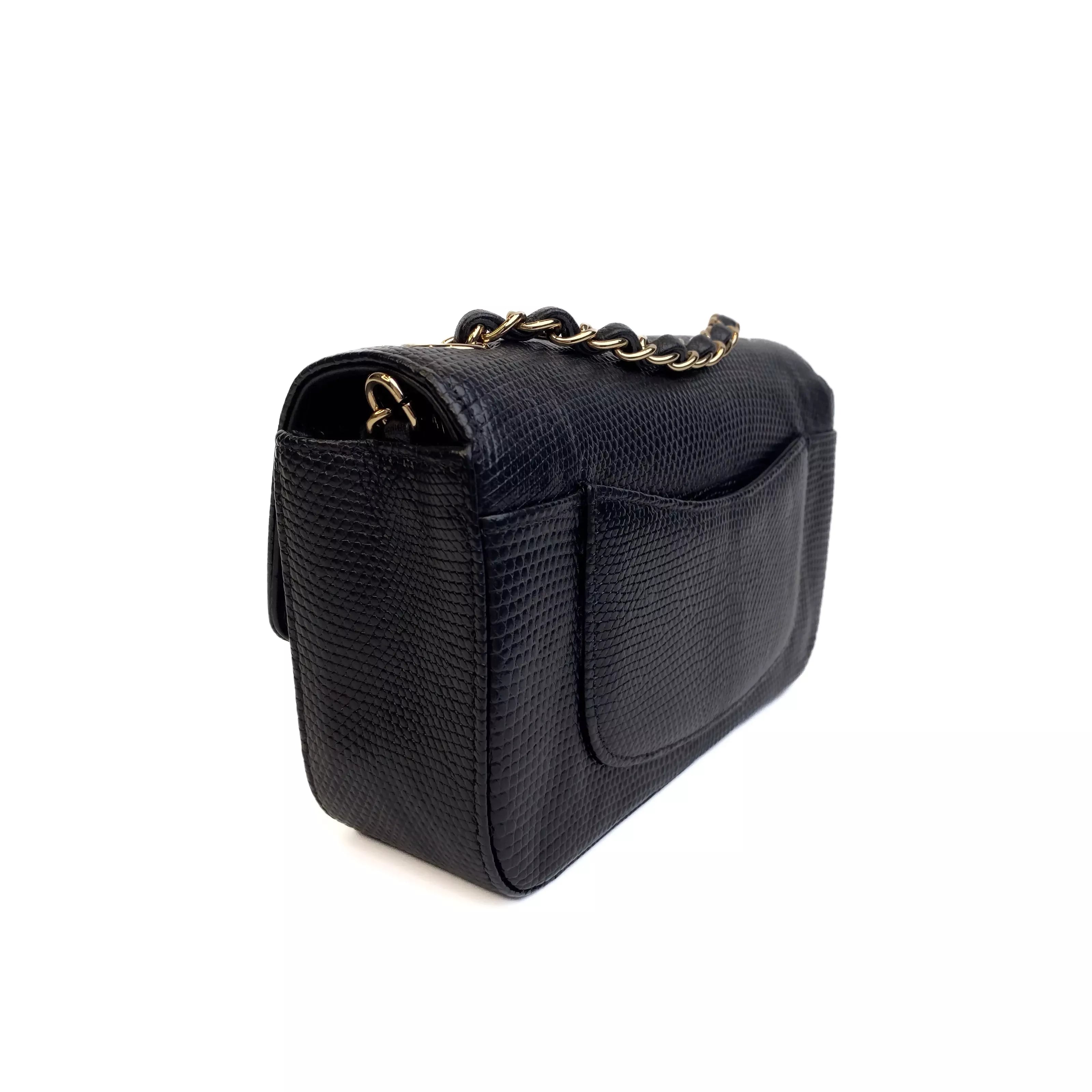 Chanel Classic Mini Flap Bag Black Lizard Leather with Gold Hardware Left