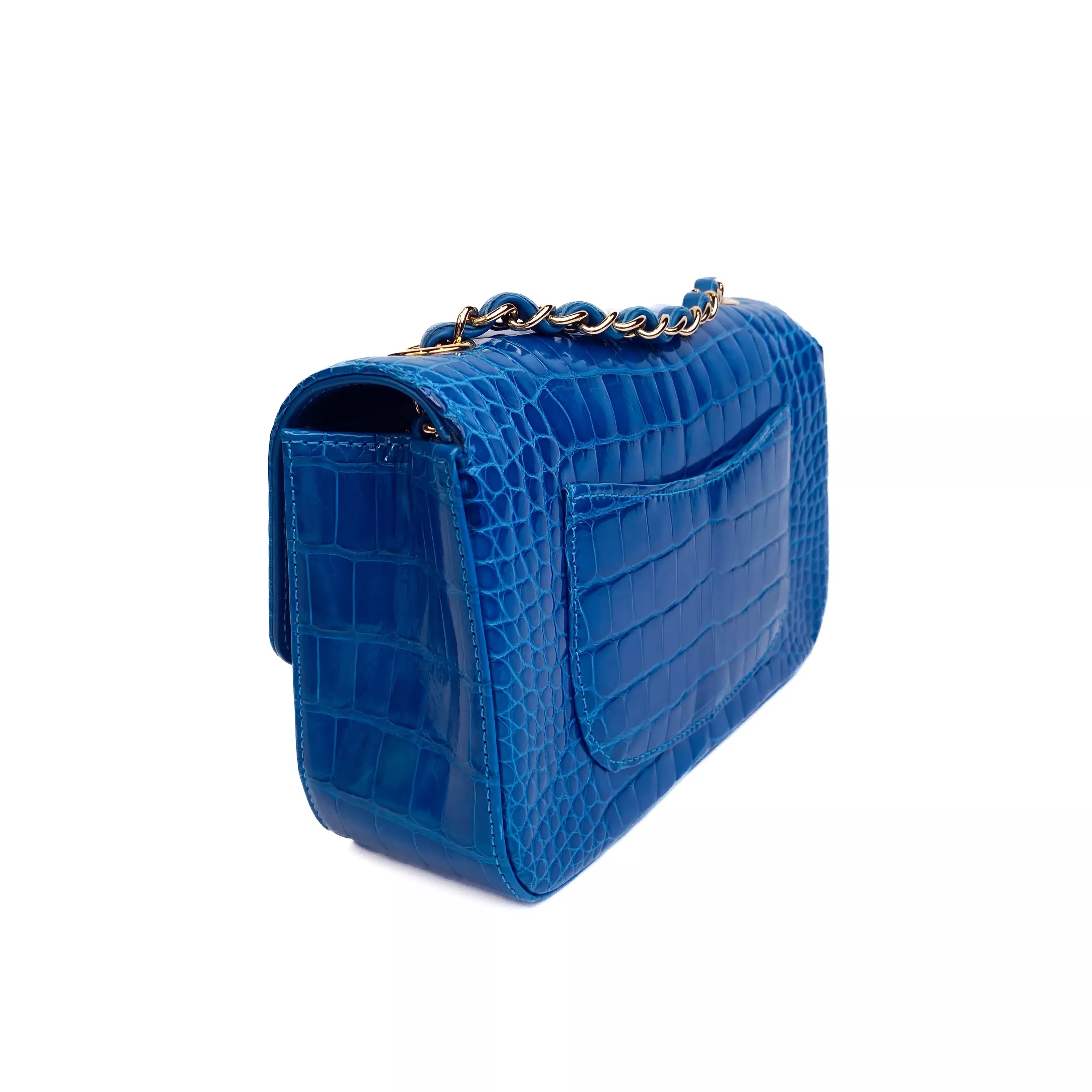 CHANEL Lagoon Blue Shiny Alligator Classic Mini Flap Bag with Gold Hardware Left