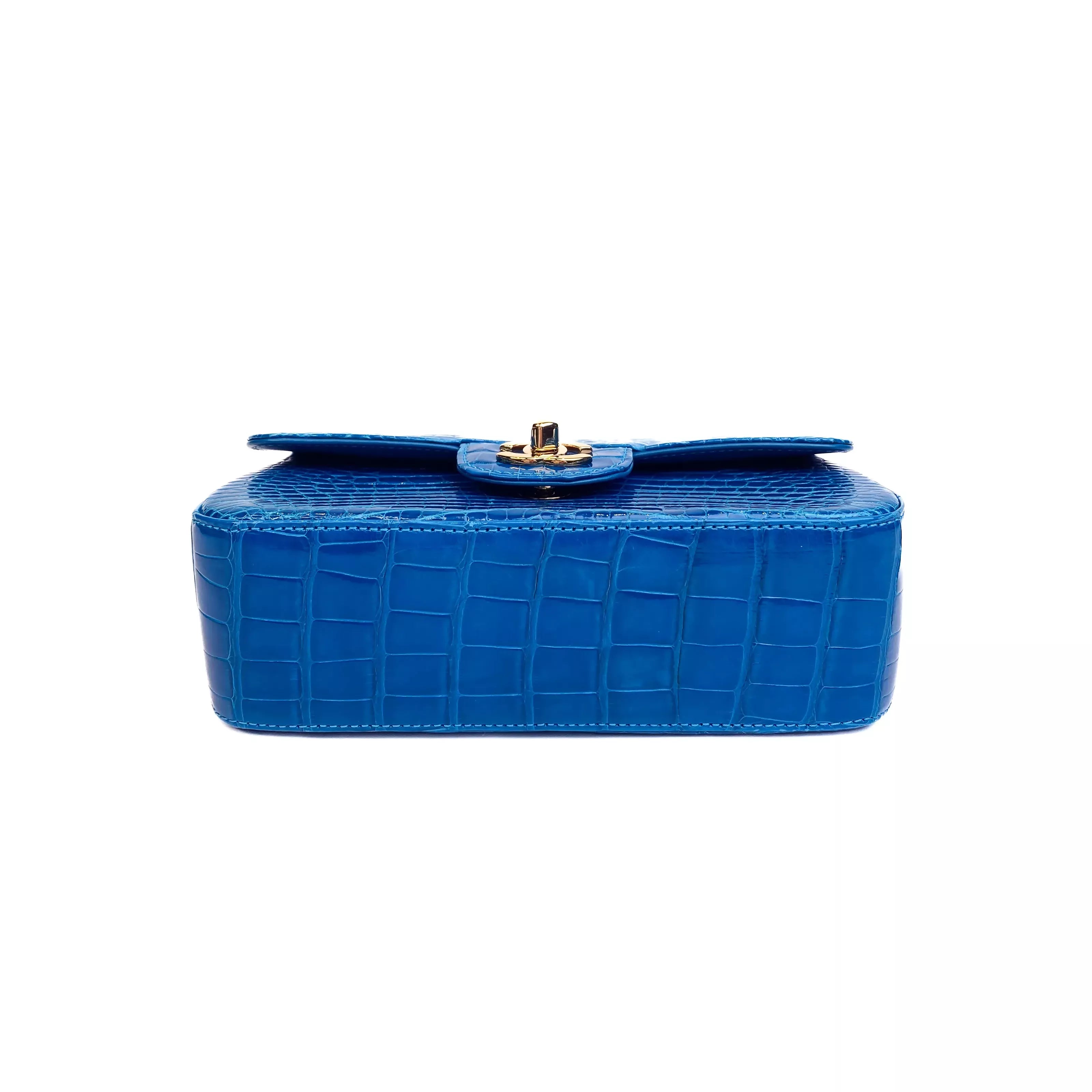 CHANEL Lagoon Blue Shiny Alligator Classic Mini Flap Bag with Gold Hardware Bottom