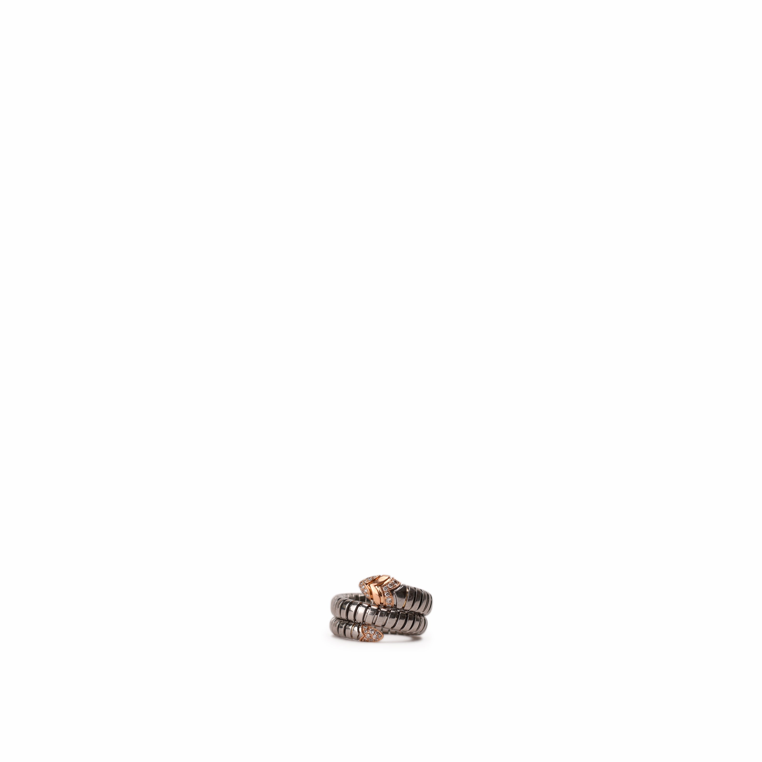 Bulgari Serpenti Tubogas Ring in Steel, Rose Gold and Diamonds