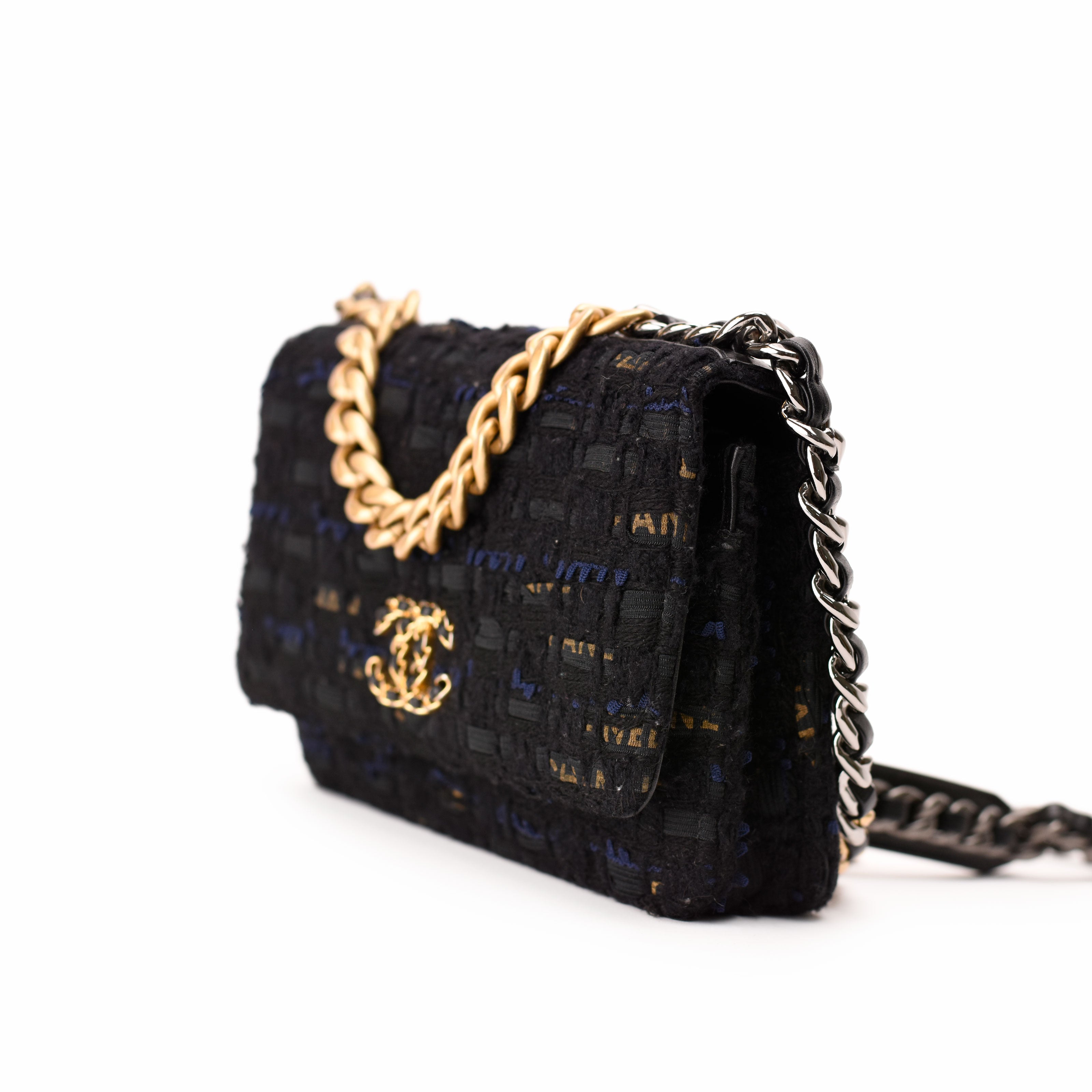 Chanel Tweed Quilted 19 WOC Black Navy Gold