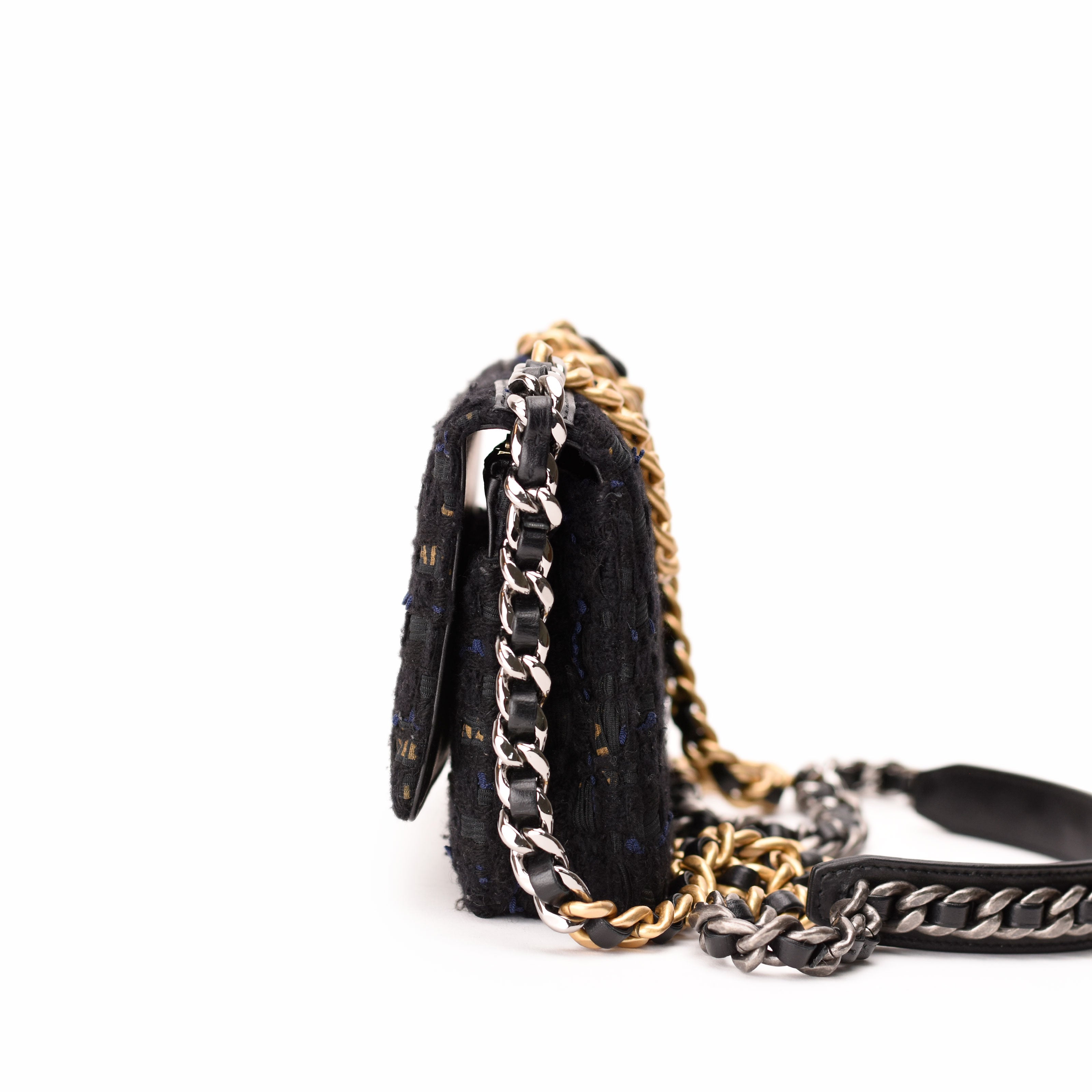 Chanel Tweed Quilted 19 WOC Black Navy Gold