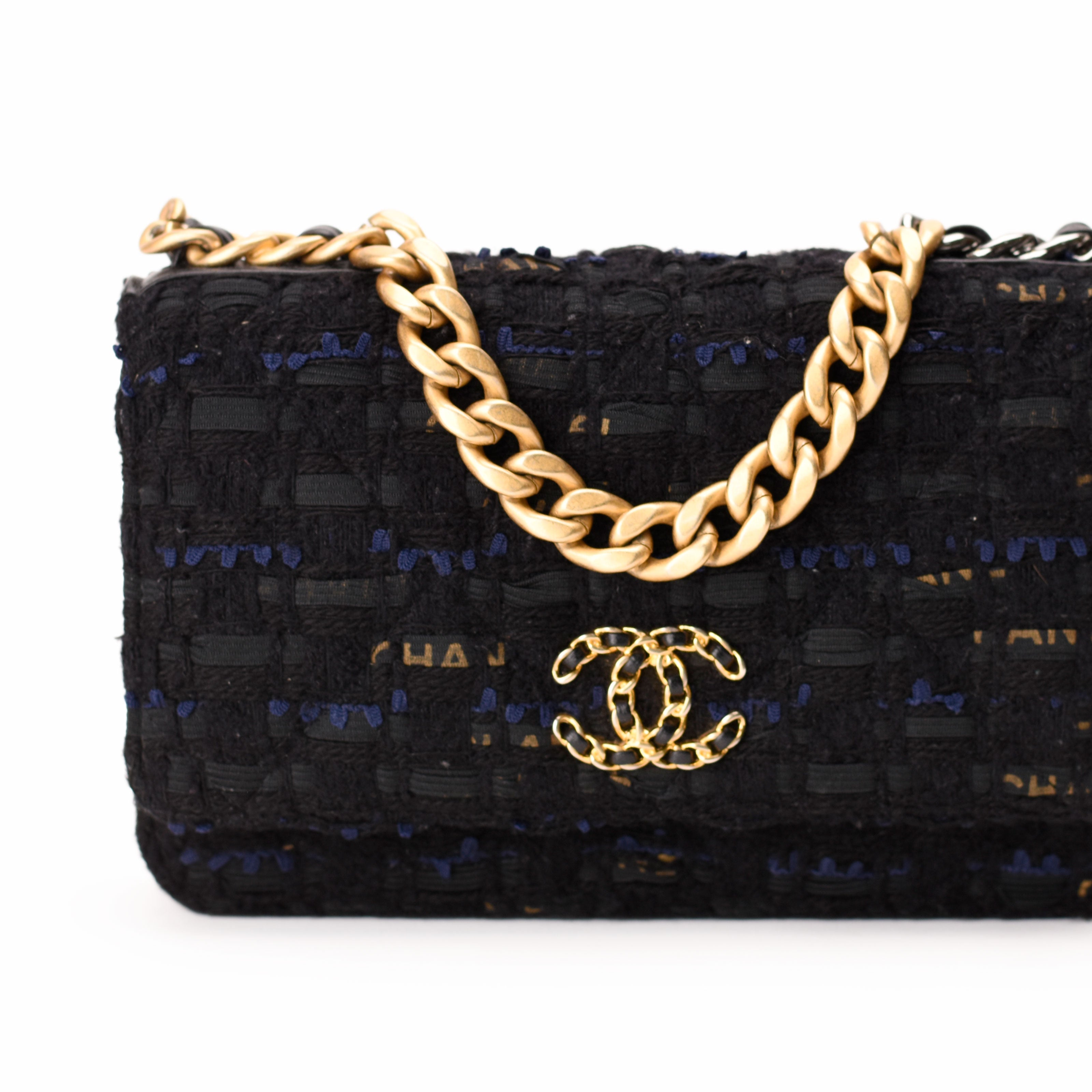 Chanel Tweed Quilted 19 WOC Black Navy Gold