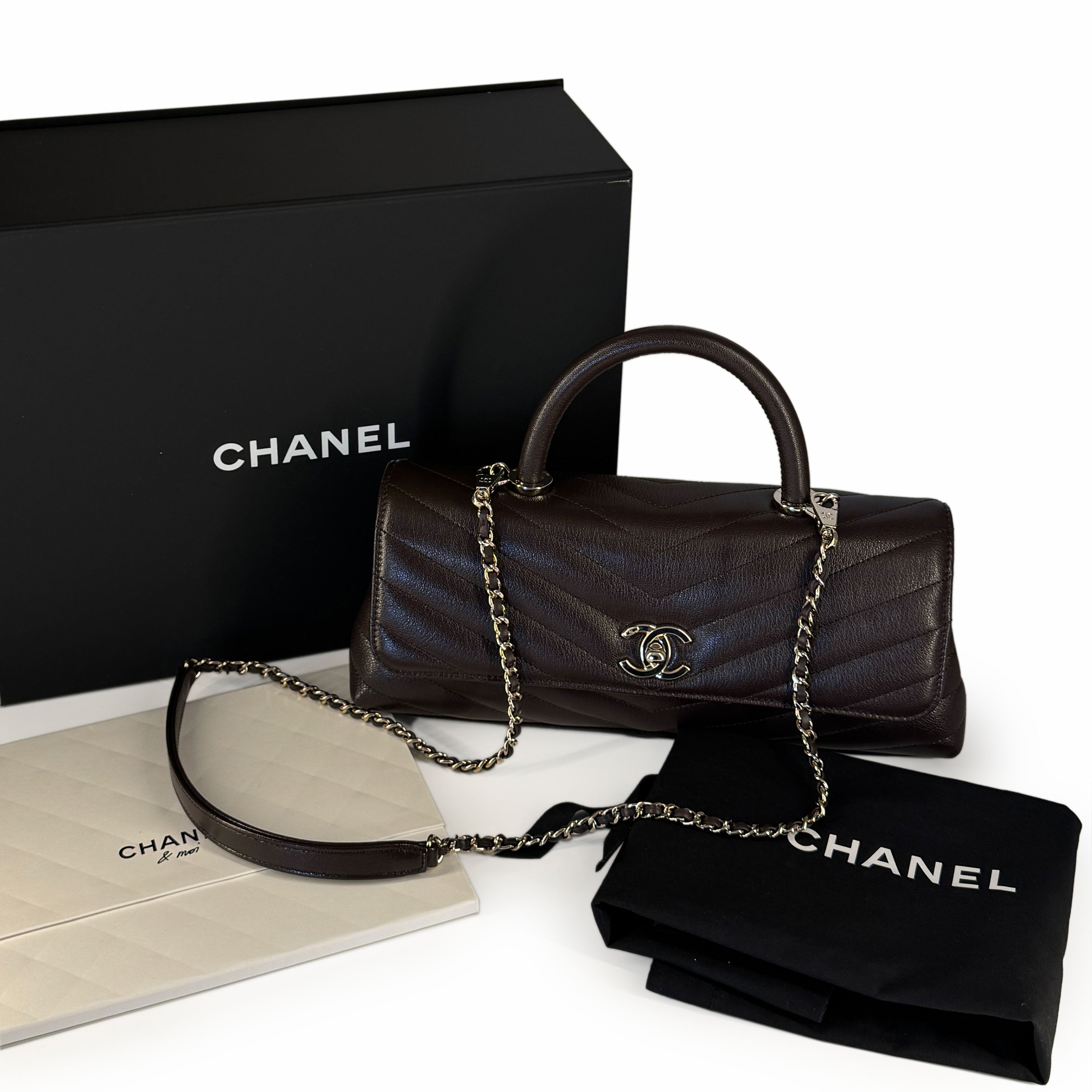 Chanel Maxi Coco Handle Flap Bag Goatskin Dark Brown CHW