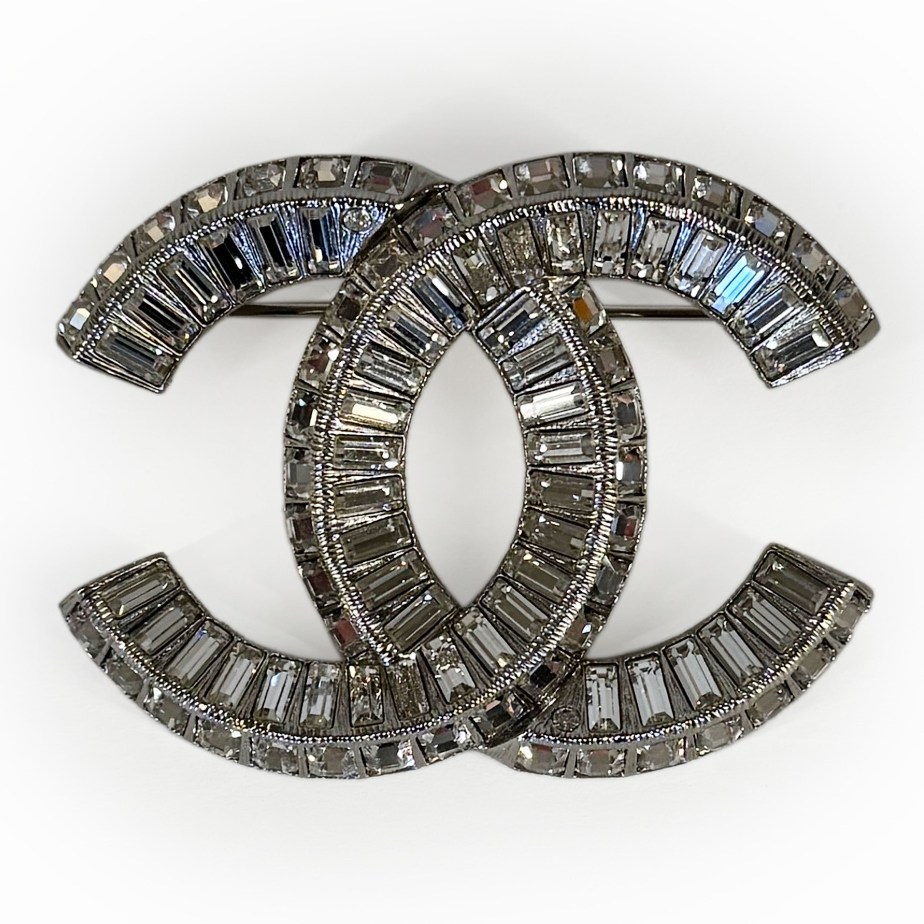 Chanel CC Crystal Silver Brooch