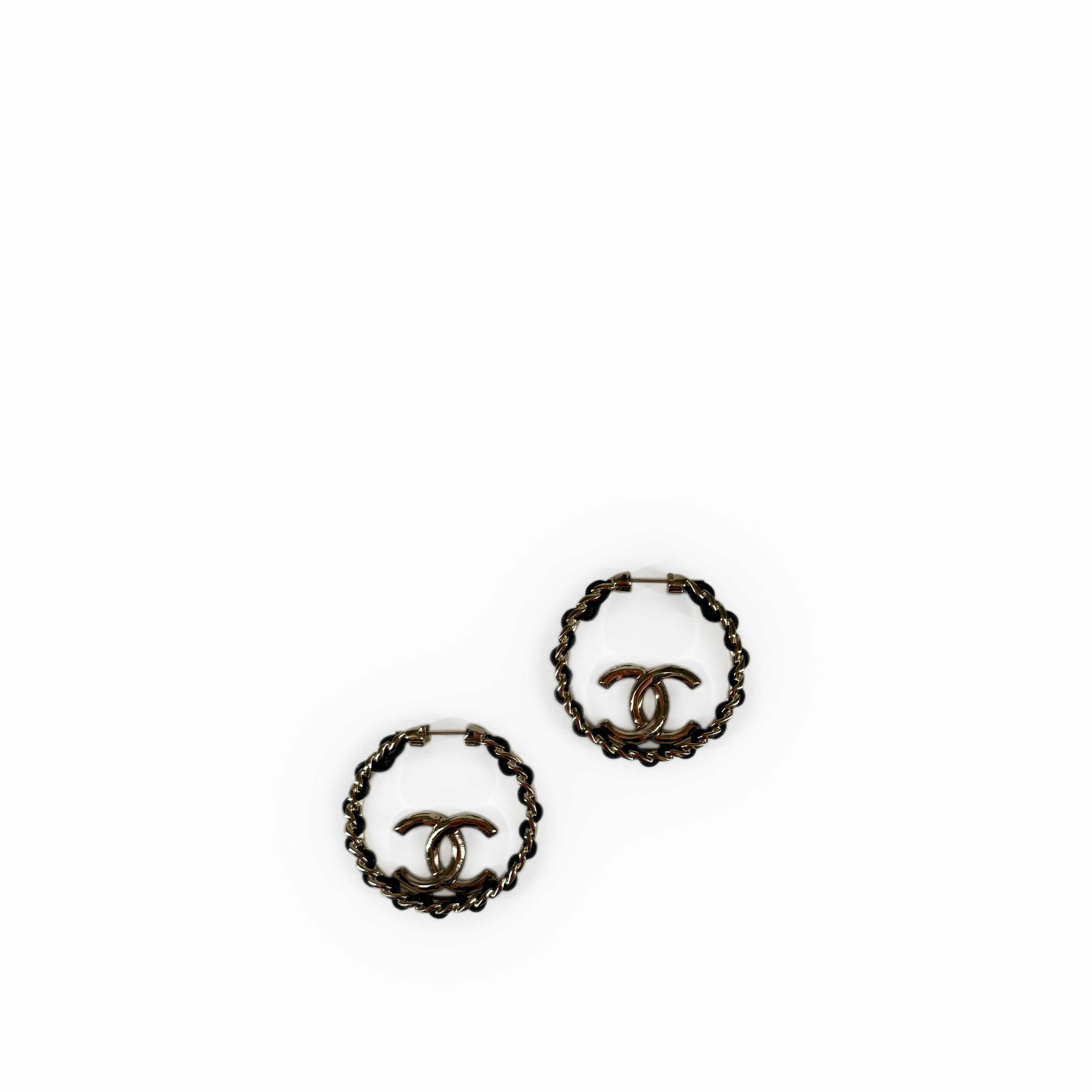 Chanel CC Hoop Leather Chain Champagne Earrings