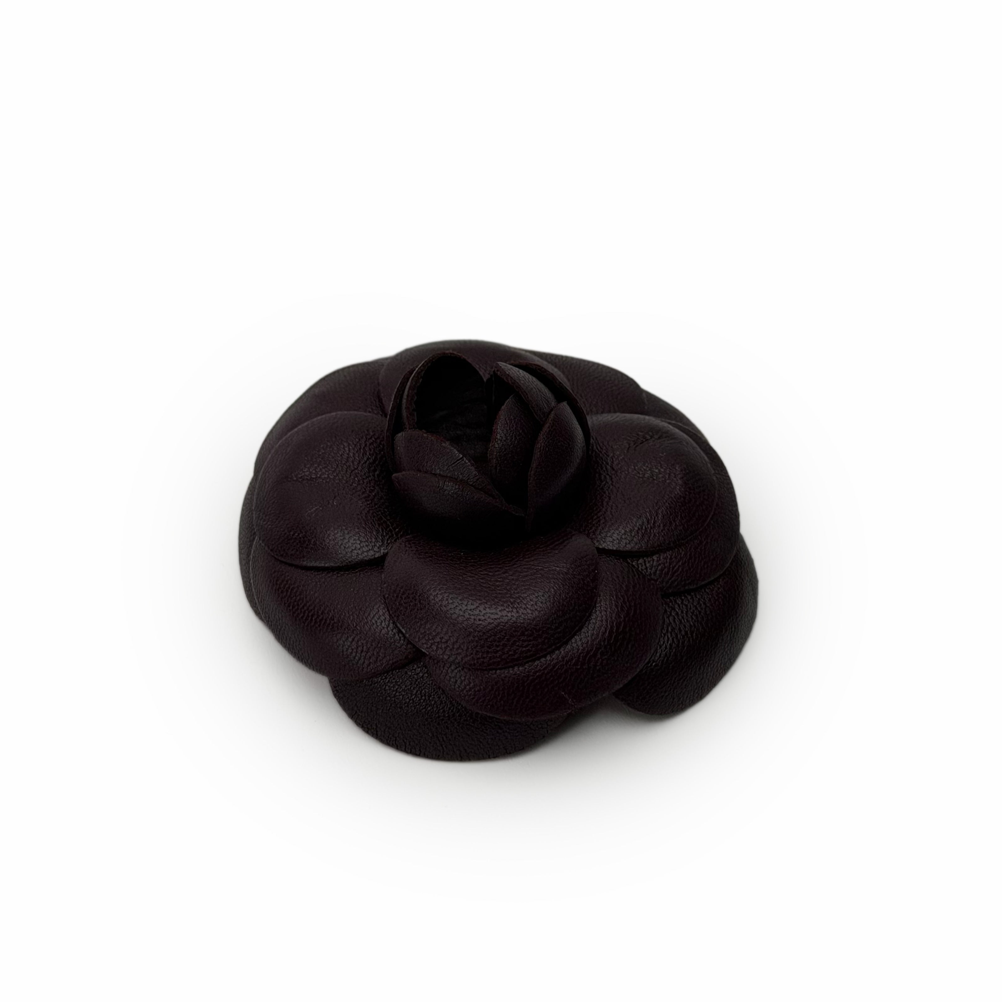 Chanel Camelia Leather Plum Brooch