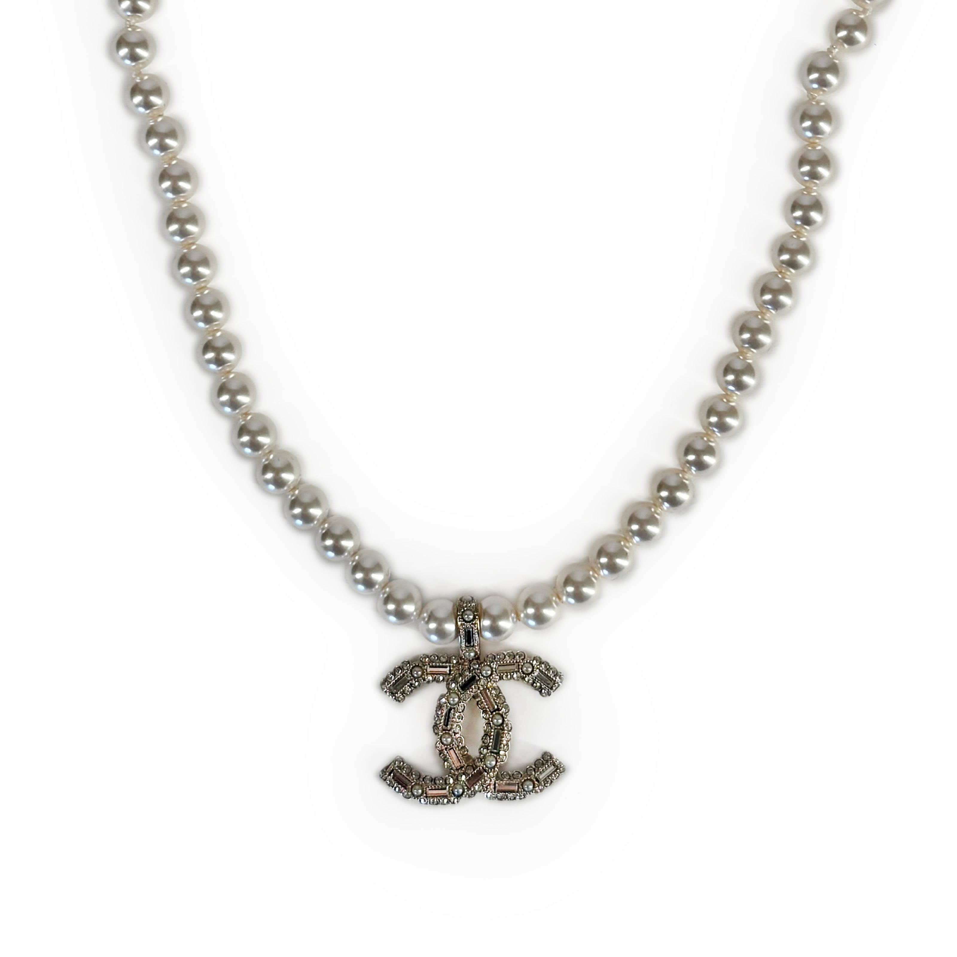 Chanel CC Crystal Pearl Necklace Champagne