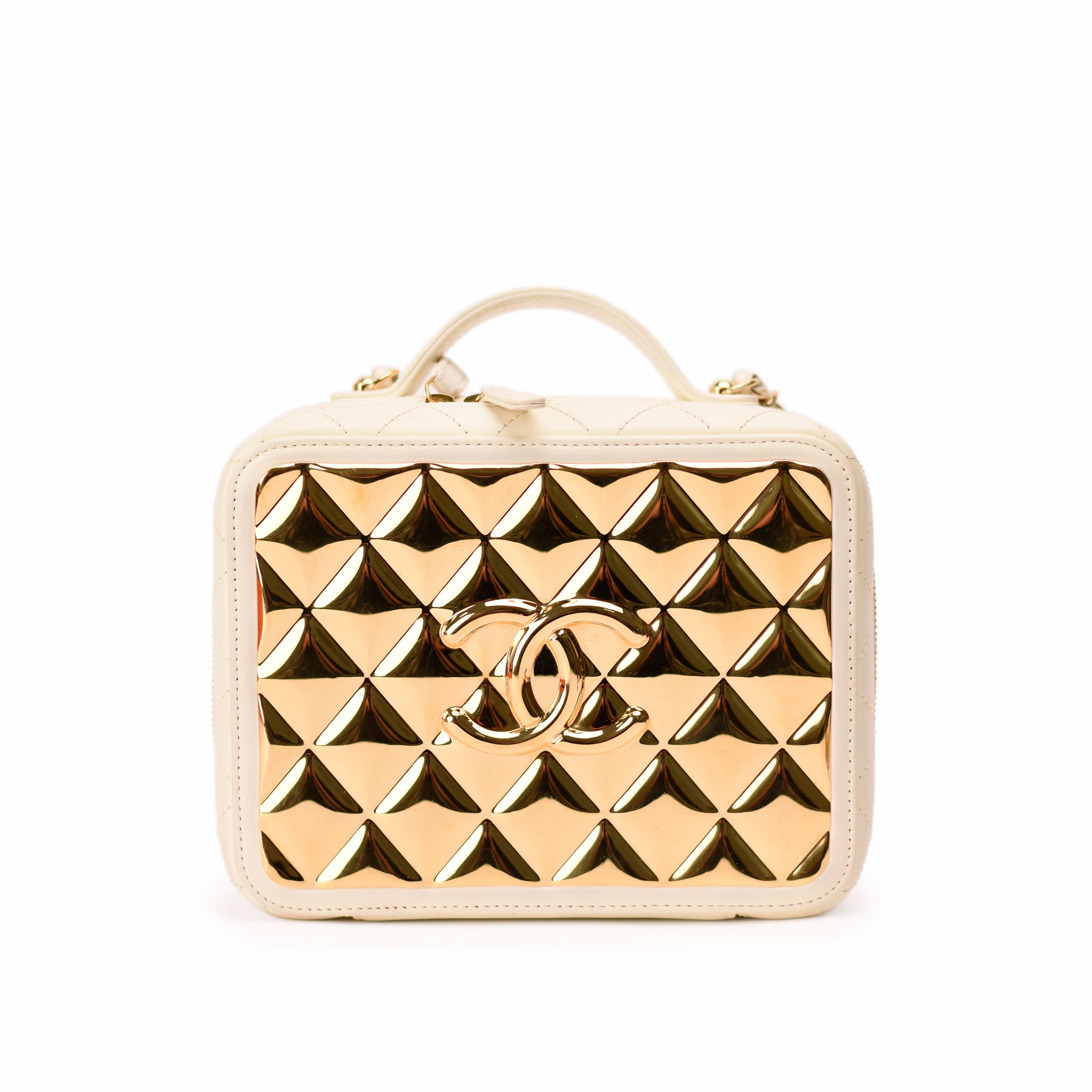 Chanel White Quilted Lambskin and Gold Vanity Case GHW