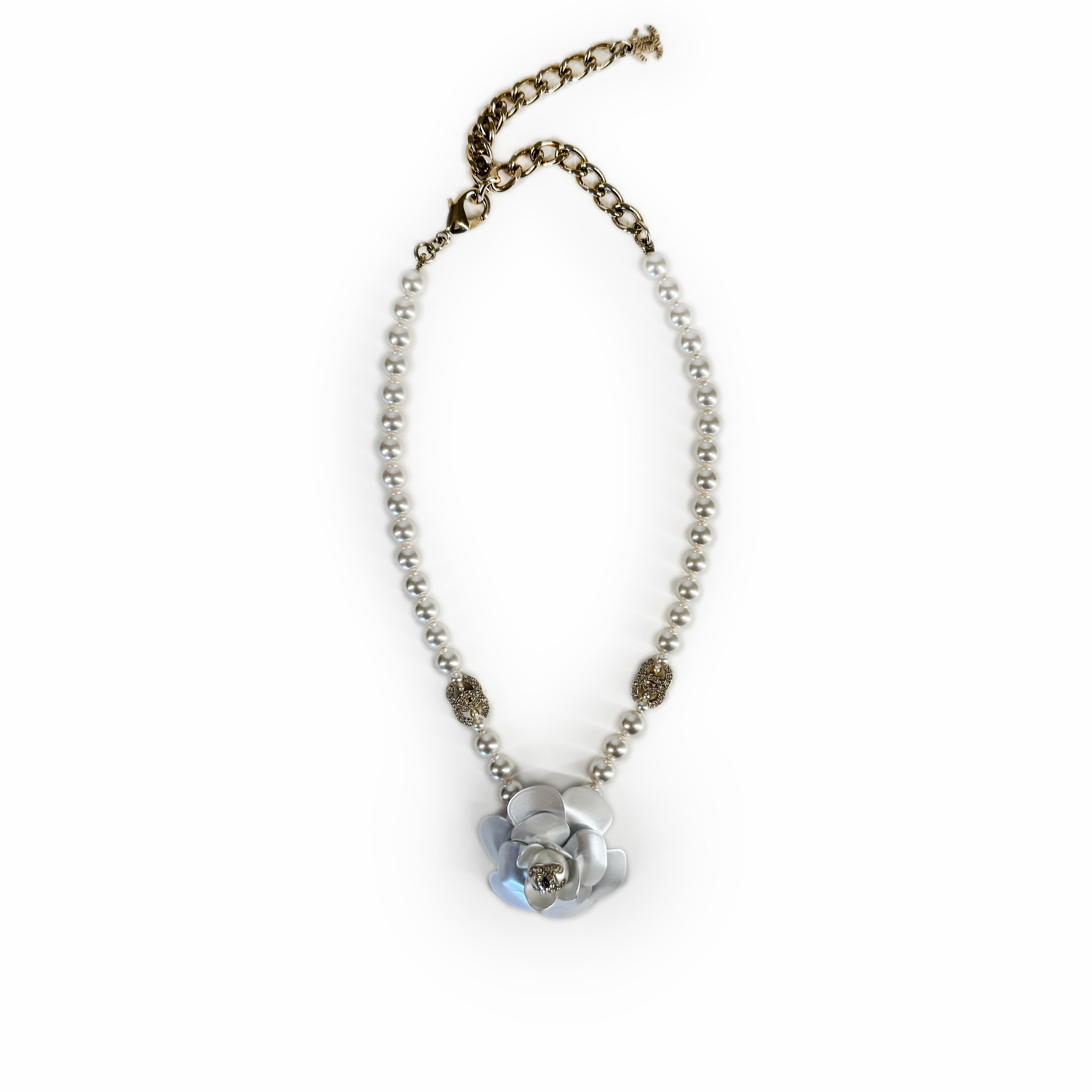 Chanel Camelia Pearl Necklace Champagne