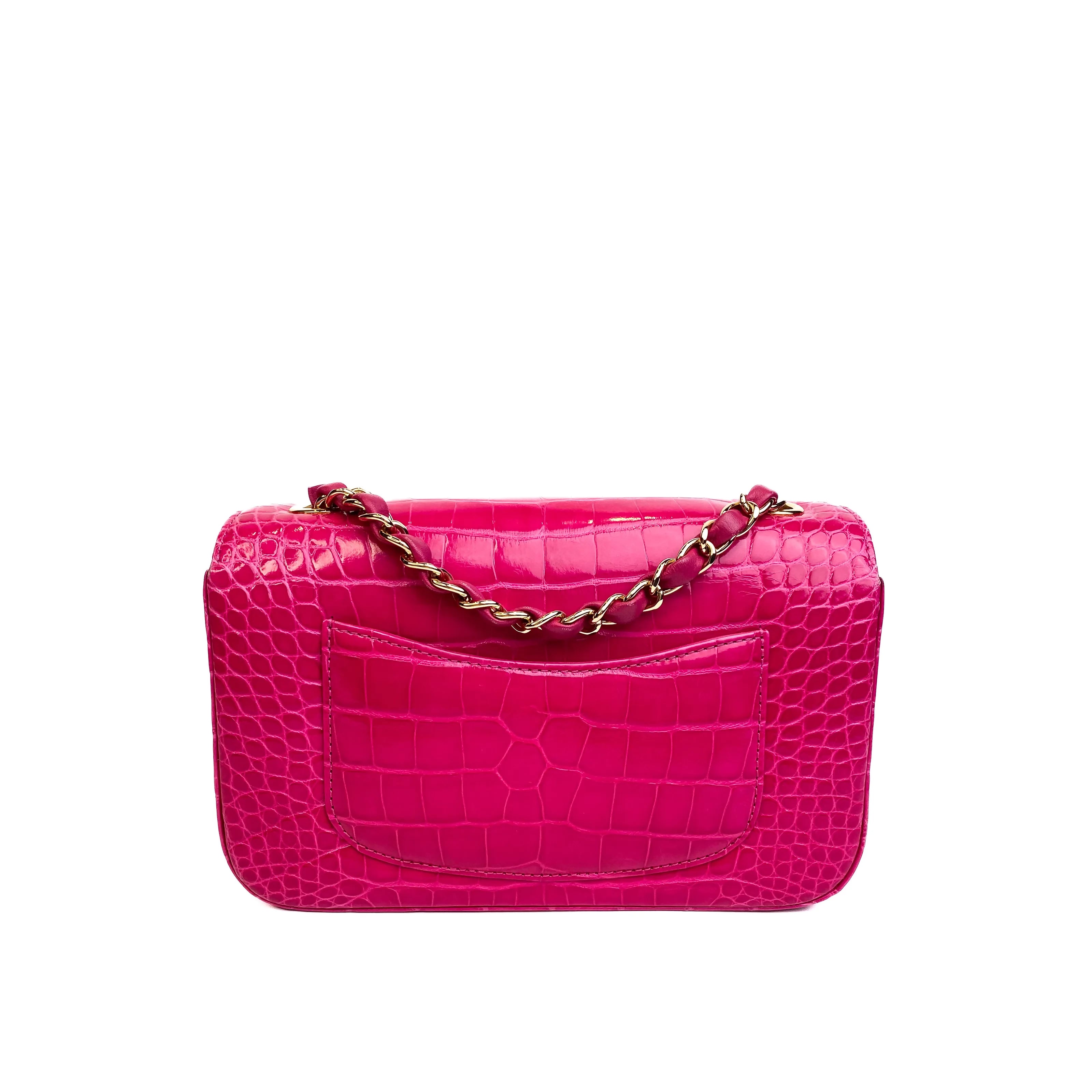Chanel Classic Mini Flap Bag Shiny Alligator in Fuchsia Rose with Gold Hardware Back
