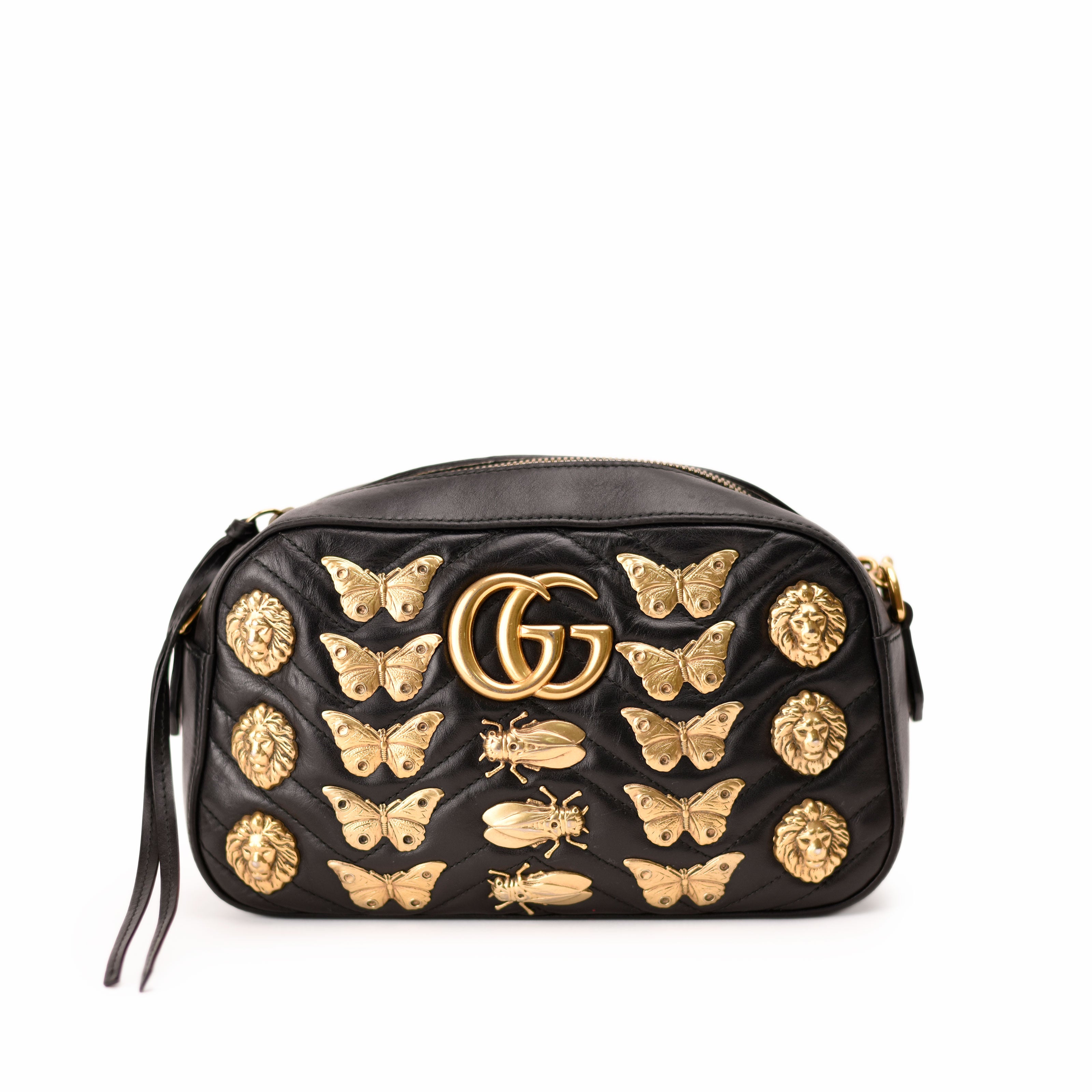 Gucc GG Marmont Animal Stud Shoulder Bag Black