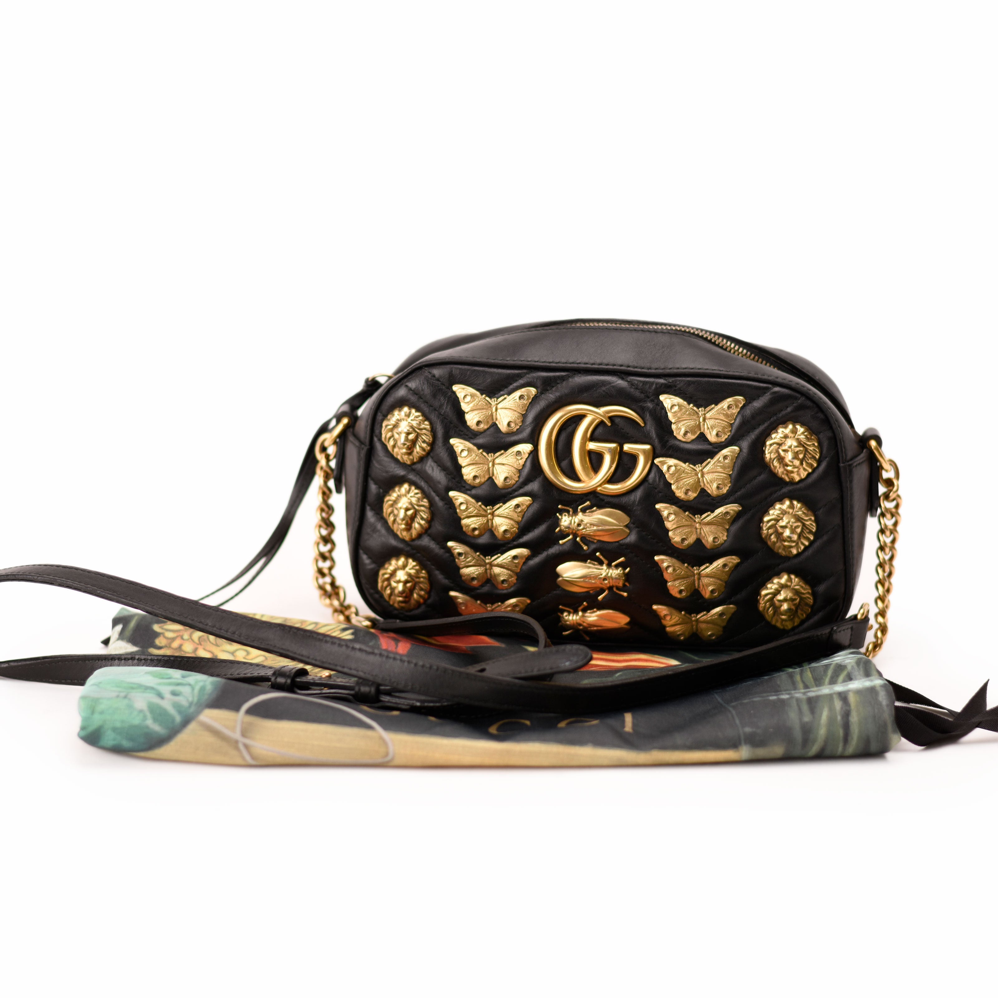 Gucc GG Marmont Animal Stud Shoulder Bag Black