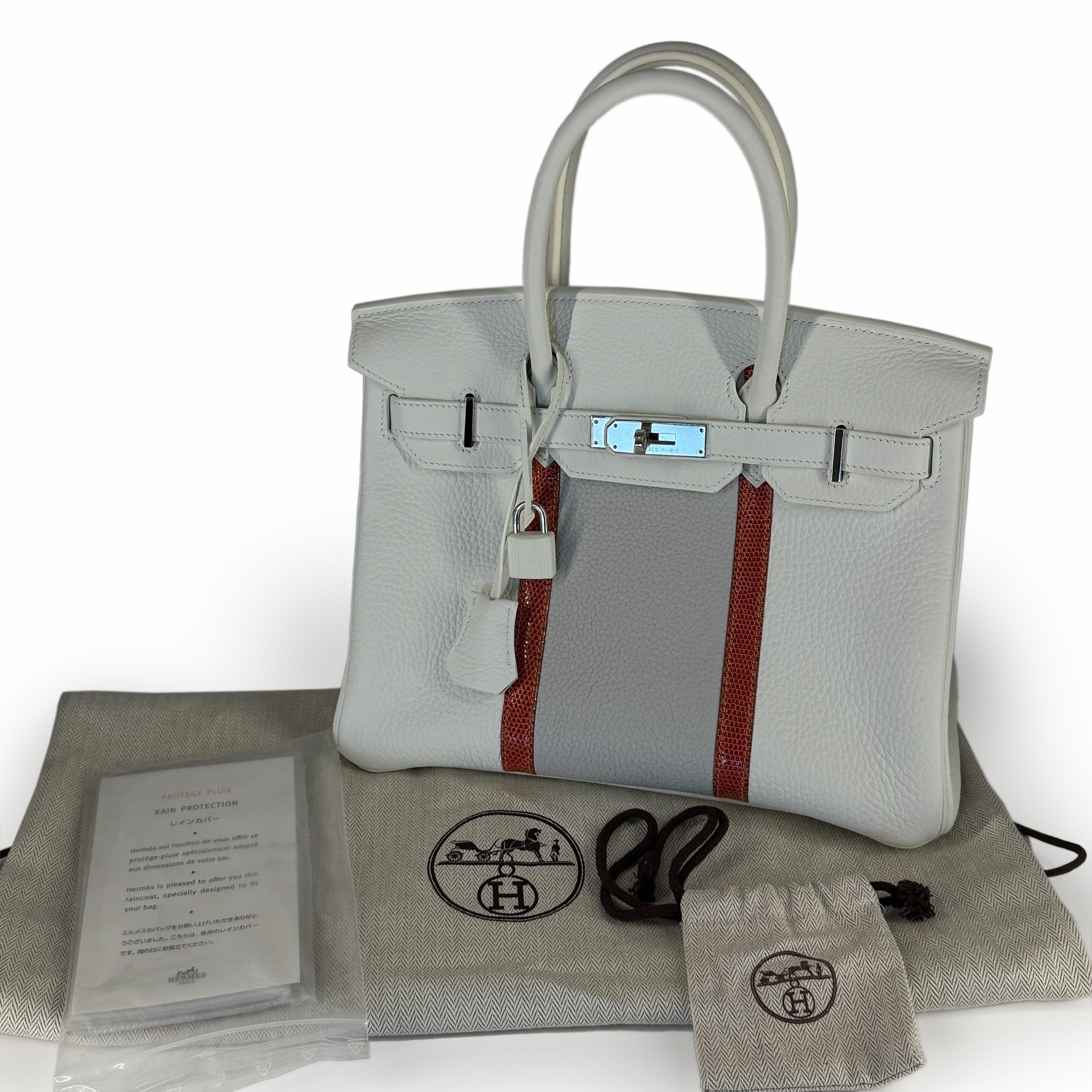 Hermès Birkin 30 Limited Edition Gris Perle, Blanc Clemence, and Sanguine Lizard Club