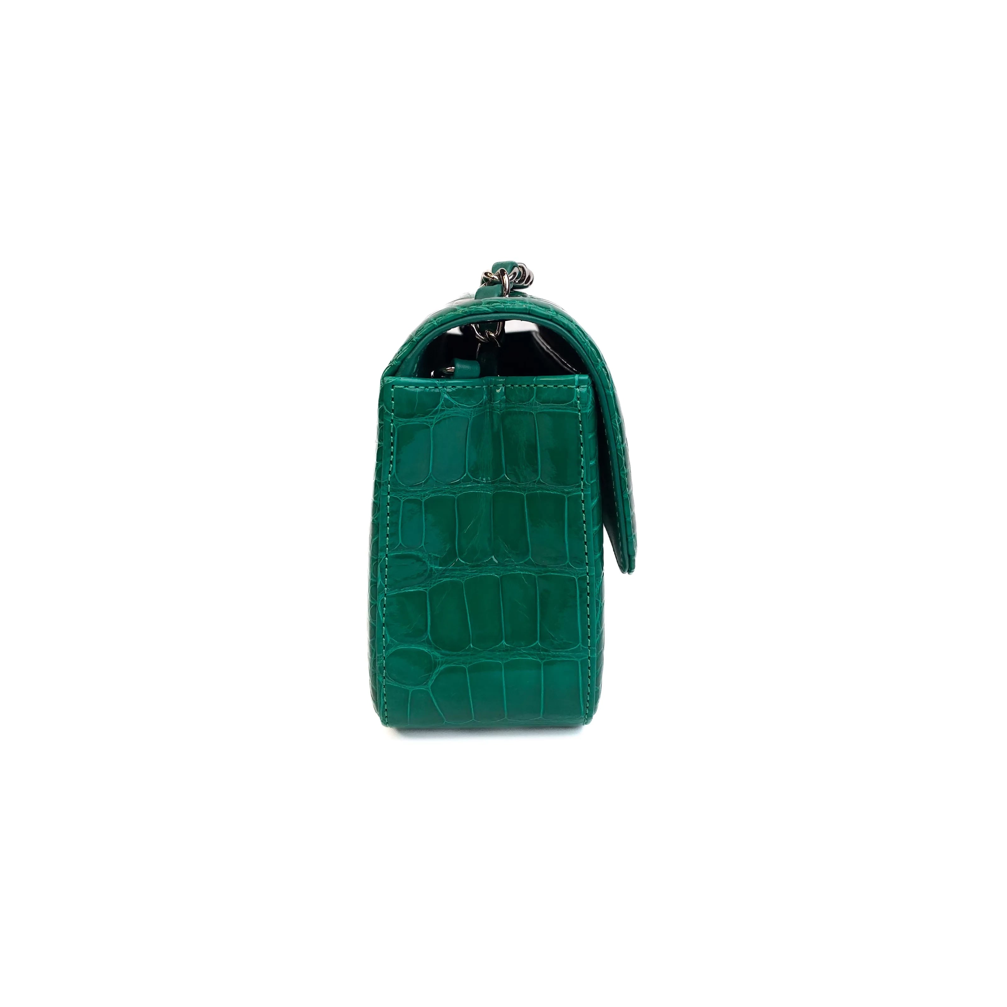 CHANEL Emerald Green Shiny Alligator Classic Mini Flap Bag with Gold Hardware Left side