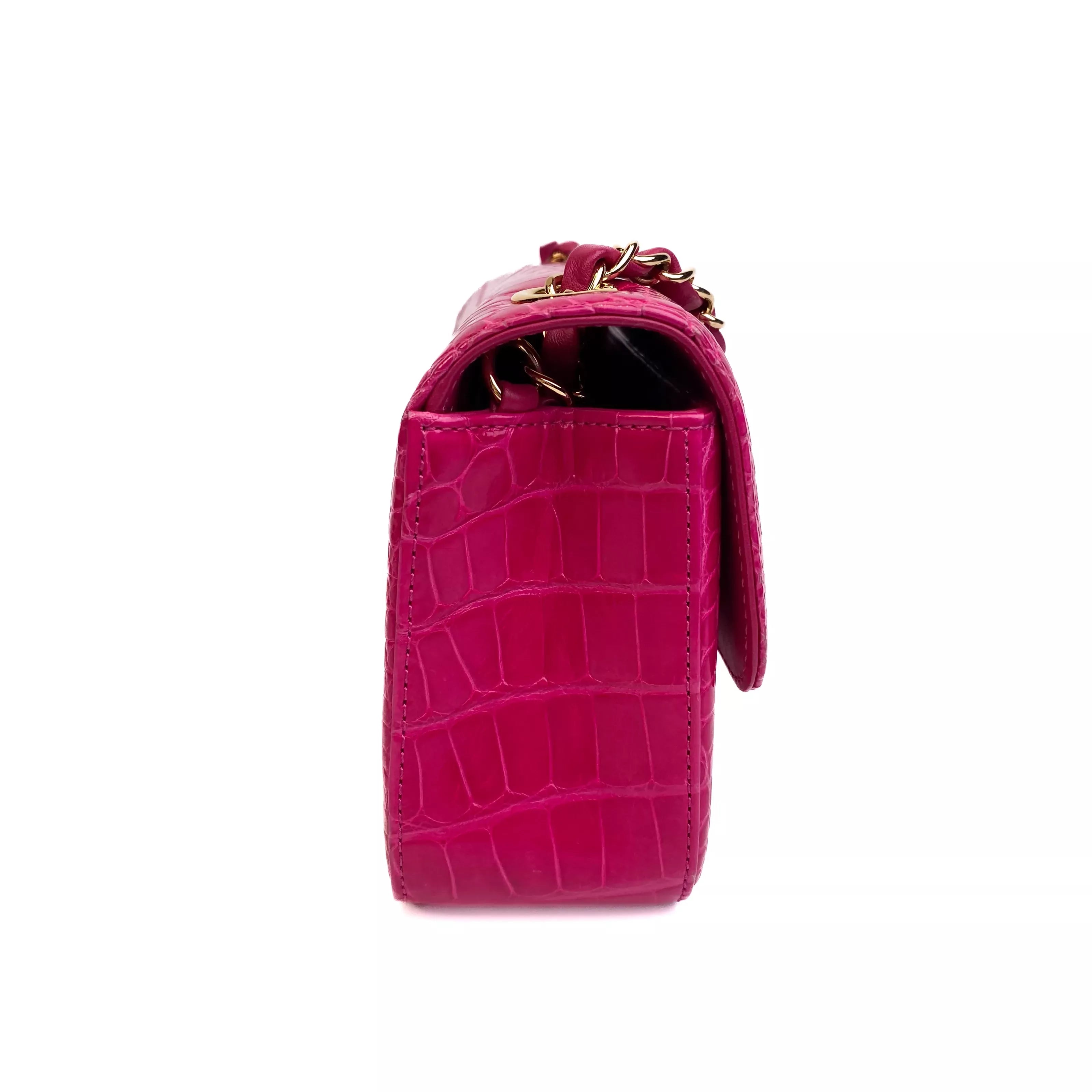 Chanel Classic Mini Flap Bag Shiny Alligator in Fuchsia Rose with Gold Hardware Left Side