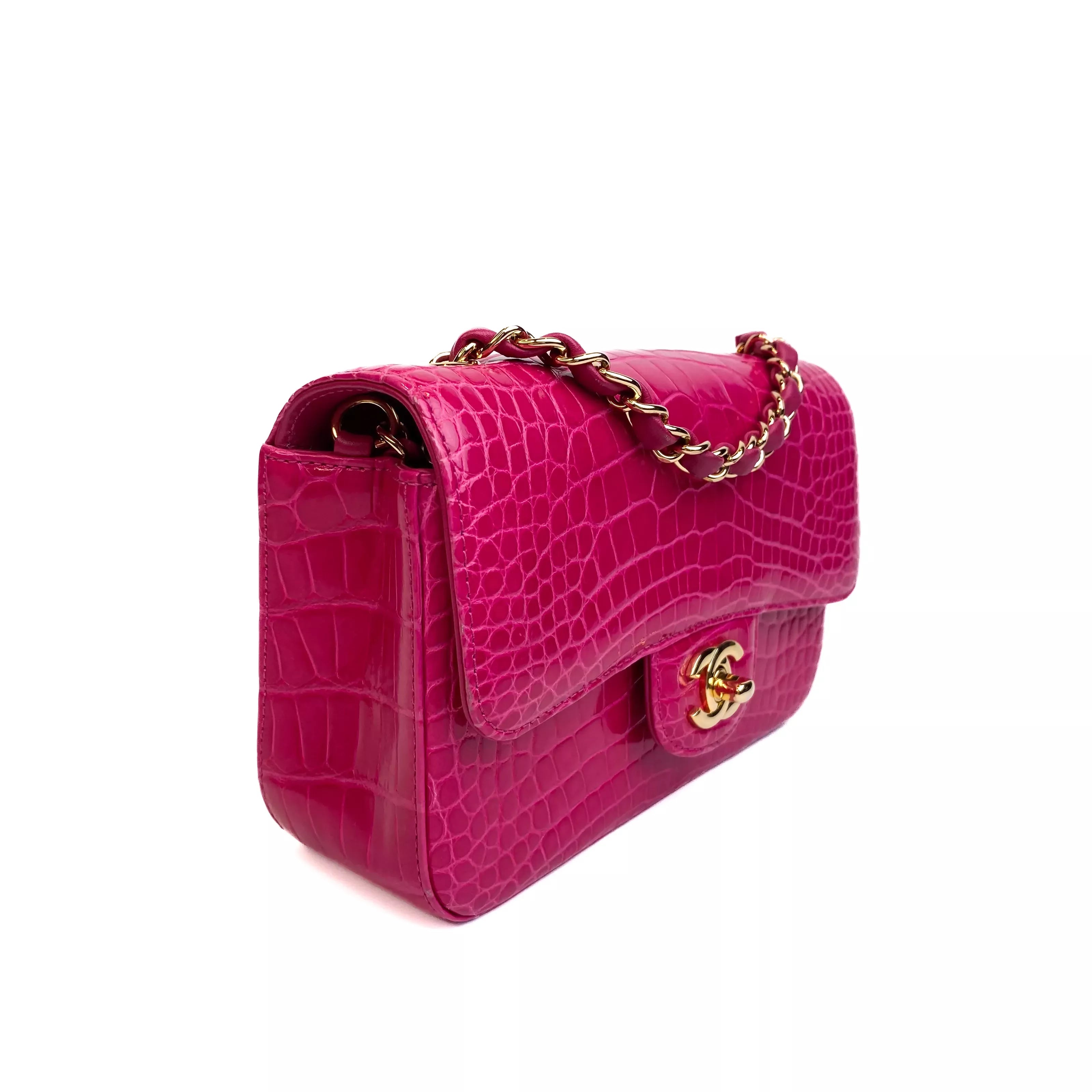 Chanel Classic Mini Flap Bag Shiny Alligator in Fuchsia Rose with Gold Hardware Left